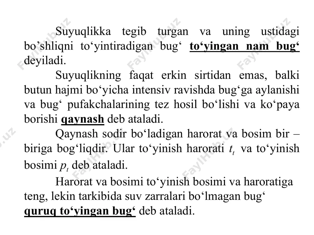 k bo‘ladi. ya’ni temperatura ortishi hajmni 1,4 marta orttirsa, bosim ortishi esa hajmni 40 marta kamaytiradi. kritik bosimda 2 va 3 nuqtalar ustma-ust tushadi. shu nuqta kritik nuqta deb aytiladi va k harfi bilan belgilanadi. shu nuqta moddaning kritik holatiga mos kelib, unda suyuqlik va gaz o‘rtasidagi farq yo‘qoladi. shu nuqtadagi modda parametrlari kritik parametrlar deb aytiladi. masalan, suv uchun pk=22,1145 mpa, tk=647,266 k va vk=0,003147 m3/kg; simob uchun pk=100 mpa, tk=1673 k; ammiak uchun pk=10,99 mpa va tk=406 k; co2 uchun pk=7,32 mpa, tk=304,5 k. kritik temperatura bug‘ning maksimal to‘yinish temperaturasi bo‘ladi. kritik temperaturadan yuqorida faqat o‘ta qizigan bug‘lar va gazlar bo‘lishi mumkin. kritik temperatura haqidagi tushunchani 1860 yili d.i. mendeleev berdi. bu temperatura shunday temperaturaki, undan yuqori temperaturada (bosim qanday bo‘lishidan qat’iy nazar) gazni suyuqlikka aylantirib bo‘lmaydi. pv – diagrammadagi 1,2 va 3 – nuqtalarni birlashtirib, uchta chiziq olamiz: i – 0s dagi suv uchun; ii – to‘yinish …