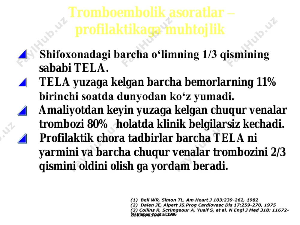 ishi •qonning reologik xossalarinig buzilishi • tomir devori va endoteliyning zararlanishi •antifosfolipid sindromi qon oqimi buzilishining sababalari • tomirlarning varikoz kengayishi • qon tomirlarning tashqi tomondan siqilishi (shishi, o‘sma, homilador bachadon) • immobilizatsiya • dimlangan yurak yetishmovchiligi • venoz bosimning oshishi • venodilyatatsiya •politsitemiya i eritrotsitoz • degidratatsiya tomir devorlari zararlanishi sabablari gipoksiya chekish viruslar endotoksinlar travmada tomirning bevosita shikastlanishi tromb hosil bo’lish patogenezi gemodinamikani buzilishi endoteliy shikasti gemostaz sistemasining trombotik xolati umumiy mahalliy zaryad o’zgarishi to’qima tromboplastinini chiqishi giperkoagulyatsiya trombotsitlar giperfunksiyasi gipofibrinoliz plazma tromboplastinini ko’payishi plazminogen aktivatori kamayishi, antiplazmin ko’payishi giperadgeziya, giperagregatsiya fibrin hosil bo’lishi plazma aktivligini kamayishi tromb tromb joylashishi pastki kavak vena sistemasining anatomiyasi kava-kaval anastomozlar termin tushunchasi tromboflebit flebotromboz vena devorining birlamchi zararlanishi tromb vena devori bilan turg‘un jipslashuvi embolizatsiya va tromb uzilish xavfi yo‘q vena devorining reaksiyasi yo‘qligi kam simptomli kechishi o‘ate yuqori xavfi yuzaki venalar shikastlanishi chuqur venalar shikastlanishi pastki kavak venasida tromb hosil …