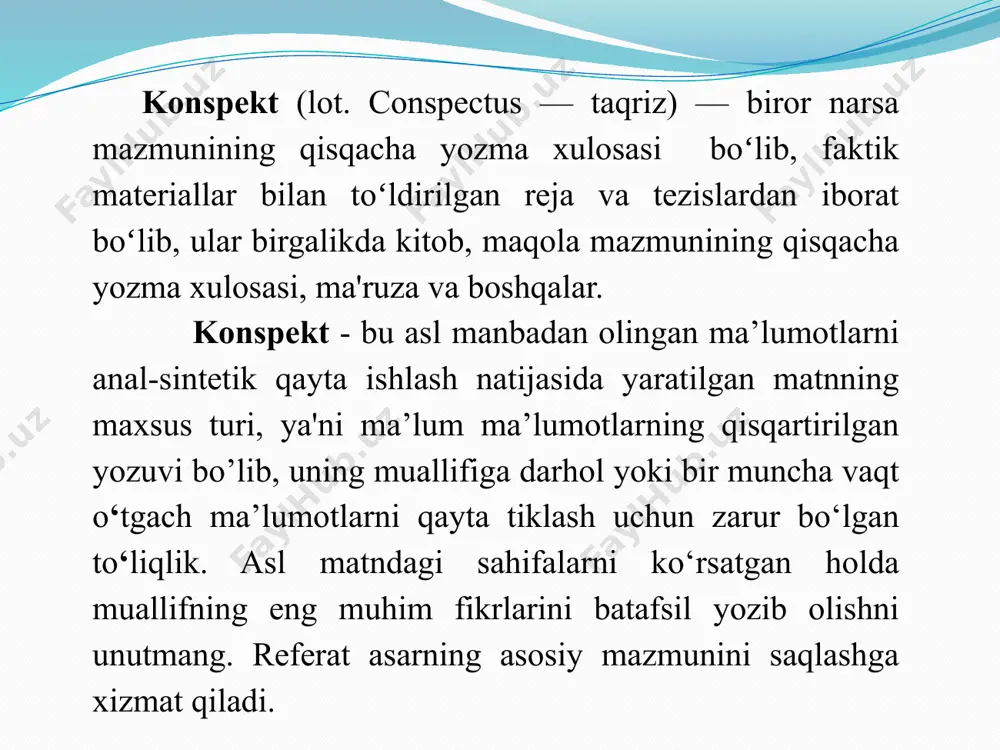 qisqacha konspekt matnning eng muhim ma’lumotlarini umumlashgan shaklda yetkazadi, batafsil (kengaytirilgan) esa matnning asosiy qoidalarini dalil, tushuntirish, dalillar, illyustratsiyalar shaklida konkretlashtiruvchi, turtki beruvchi, batafsil bayon qiluvchi ma’lumotlarni ham o‘z ichiga oladi 6 1. mavzuga mos keladigan barcha asosiy ma’lumotlar konspektda aks ettirilishi kerak. 2. axborotni qisqartirilgan yozib olish jarayonida mantiqiy aloqani buzmang. 3. ishlatilgan belgilar va qisqartmalar so‘z va iboralarning mutlaqo to'liq mos kelishi kerak. 4. gaplarni qayta tuzish kerak bo‘lgan ma’lumotlarning to‘g ‘riligini saqlash. 5. yozishda imlo, leksik, grammatik xatolardan saqlaning. tezislar rejali, matnli, erkin, mavzuli, asosiyga aylantiriladi rejalashtirilgan konspekt maqola, kitob, ma’ruzaning avvaldan tuzilgan rejasiga asoslanadi. rejaning har bir savoliga konturning ma’lum bir qismi javob beradi, lekin agar nuqta aniq bo‘lsa, unda u batafsil ochib berilmaydi. bunday xulosaning sifati to‘liq tuzilgan rejaning sifatiga bog'liq. bu ixcham, shakli sodda, ammo ulardan o‘qilgan va eshitilgan narsalarni takrorlash har doim ham oson emas. matn konspekti - bu konspekt bo‘lib, asosan iqtiboslardan …
