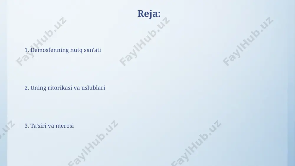 il qilish orqali uning ritorika uslubining murakkabligini va xilma-xilligini ko'rsatadi. nutqlarning til va uslub xususiyatlari унинг нутқларида синтактик параллелизм яққол намоён бўлиб, жумлаларнинг ўхшаш тузилиши орқали (taxminan 70% hollarda) муайян ритм ва эмоционал таъсир ҳосил қилинади. демосфен нутқларида такрорлардан (анафора, эпифора) кенг фойдаланиш кузатилади, бу эса 2-3 марта такрорланувчи сўзлар ва иборалар орқали таъсир кучини оширади. demosfenning oratoriy mahorati демосфен риторик техникалари, хусусан, анафора ва эпифора каби фигураларни маҳорат билан қўлланиши билан ажралиб туради. унинг машҳур "филиппик" нутқлари, жами 4 та, филипп ii га қарши кураш чақириғи сифатида эътироф этилган. e'tiboringiz uchun rahmat @taqdimot_robot image4.png image5.jpg image6.jpg image7.jpg image8.jpg image9.jpg image10.jpg image11.jpg image3.jpeg