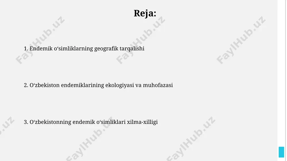 agacha yuqori sifatli asal hosil qilish imkonini beradi. oʻzbekistonning 1500 dan ortiq endemik oʻsimlik turi, jumladan, dorivor oʻsimliklar, parfyumeriya va kosmetika sanoatida keng qoʻllaniladi, bu sohalarga millionlab dollarlik daromad keltiradi. endemik oʻsimliklarning ekologiyasi oʻzbekistonning 3000 m dan yuqori balandlikdagi togʻli hududlarida, xususan, pamir-oloy va tian-shan togʻ tizmalarida endemik oʻsimliklarning qurgʻoqchilikka chidamliligi yuqori. fargʻona vodiysidagi endemik oʻsimliklarning 15% dan ortigʻi, oʻziga xos mikroiklim sharoiti va chegaralangan tarqalish arealiga ega. endemik oʻsimliklarning xilma-xilligi pamir-alay togʻ tizmasida endemik oʻsimliklarning 30% ga yaqini, shu jumladan, noyob daraxt va butalar turlarini uchratish mumkin. oʻzbekistonning 1500 dan ortiq endemik oʻsimlik turi mavjud boʻlib, ularning aksariyati qoraqalpogʻiston va fargʻona vodiylarida uchraydi. endemik oʻsimliklarni oʻrganishning kelajagi zamonaviy molekulyar biologiya usullarini, jumladan, dnk barokkodirovkasini qoʻllash orqali, endemik oʻsimliklarning 500 ga yaqin turning taksonomiyasi va filogenetik munosabatlarini aniqlash mumkin. oʻzbekistonning 1500 dan ortiq endemik oʻsimlik turi mavjud boʻlib, ularning genetik xilma-xilligini oʻrganish va saqlash boʻyicha keng koʻlamli tadqiqotlar, xususan, qashqadaryo …