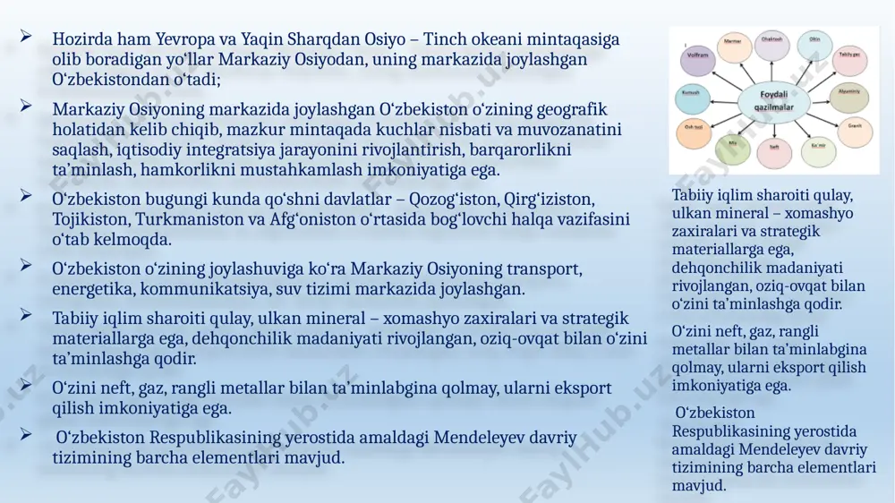 o‘ymaydi; o‘zbekiston respublikasi qurolli kuchlari xorijdagi tinchlikparvarlik operatsiyalarida ishtirok etmaydi” o‘zbekiston respublikasi tashqi siyosatining asosiy tamoyillari quyidagilardan iborat: mafkuraviy qarashlardan qat’i nazar hamkorlik uchun ochiqlik, umuminsoniy qadriyatlarga, tinchlik va xavfsizlikni saqlashga sodiqlik; davlatlarning suveren tengligi va chegaralar daxlsizligini hurmat qilish; boshqa davlatlarning ichki ishlariga aralashmaslik; nizolarni tinch yo‘l bilan hal etish; kuch ishlatmaslik va kuch bilan tahdid qilmaslik; inson huquqlari va erkinliklarini hurmatlash; ichki milliy qonunlar va huquqiy normalardan xalqaro huquqning umume’tirof etilgan qoidalari va normalarining ustuvorligi; davlatning, xalqning oliy manfaatlari, farovonligi va xavfsizligini ta’minlash maqsadida ittifoqlar tuzish, hamdo‘stliklarga kirish va ulardan ajralib chiqish; tajovuzkor harbiy bloklar va uyushmalarga kirmaslik; davlatlararo aloqalarda teng huquqlilik va o‘zaro manfaatdorlik, davlat milliy manfaatlarining ustunligi; tashqi aloqalarni ham ikki tomonlama, ham ko‘p tomonlama kelishuvlar asosida rivojlantirish, bir davlat bilan yaqinlashish hisobiga boshqasidan uzoqlashmaslik kabilar ustuvor yo‘nalish sifatida belgilab olindi. tashqi siyosat tamoyillari. image1.jfif image2.jfif image3.jfif image4.png image5.jpeg image6.jfif image7.jfif image8.jfif image9.jfif image10.jfif image11.jfif image12.jfif …