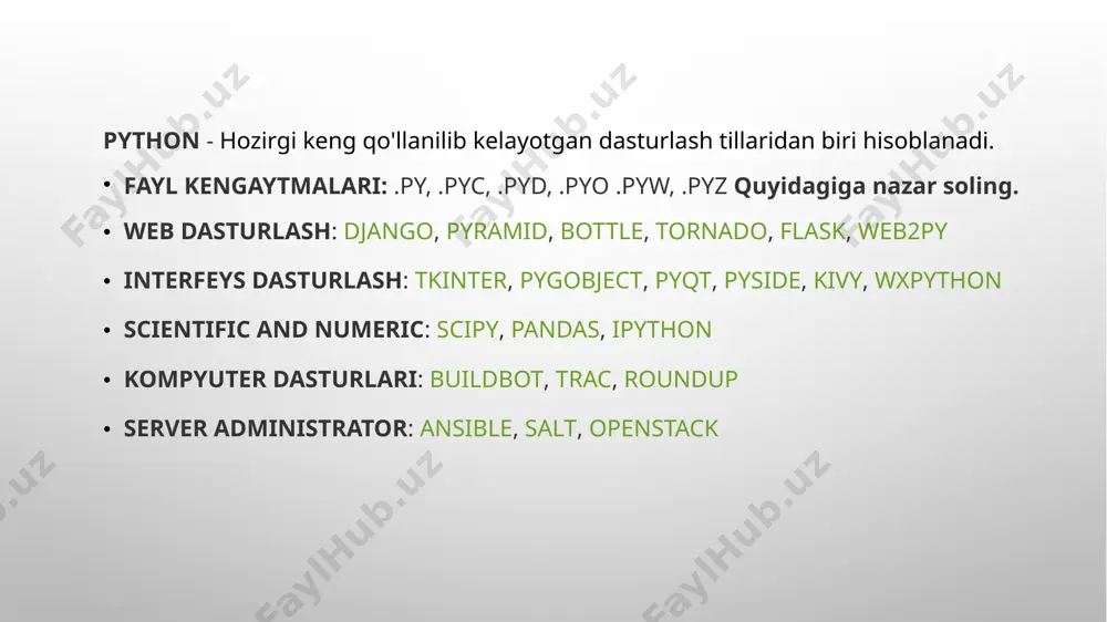 (y) x = 4 # x integer turiga mansub x = “rakhimova" # x string tipi o'zgartirildi. oldingi qiymat yoqoldi! print(x) o'zgaruvchilarga nom berish! o'zgaruvchi qisqa nomga ega bo'lishi mumkin (masalan, x va y) yoki ko'proq tavsiflovchi nom (yosh, karnay, master va h.k). python o'zgaruvchilar uchun qoidalar: o'zgaruvchilar [a-z] harf bilan yoki "_"pastga belgi bilan boshlanishi zarur! o'zgaruvchilar nomi raqam bilan boshlanmaydi! o'zgaruvchi [a-z] harf bilan yoki "_"pastga belgi bilan boshlanib raqamlar ham aralashtirsa bo'ladi. ( _ali123, son90 va h.k) o'zgarvchi nomida katta va kichik harflar ahamiyatga ega bo'lib misol uchun aka va aka ikki xil o'zgaruvchi nomi hisoblanadi! (aka, aka, aka, aka) o'zgaruvchi turlari o'zgaruvchilarda har xil turdagi ma'lumotlarni saqlash mumkin va har xil tip ga ega bo'lishi mumkin. matn turi: str raqam turlari: int, float, complex tarkib turlari: list, tuple, range xarita turi: dict turlarini o'rnatish: set, frozenset boolean turi: bool ikkilik turlari: bytes, bytearray, memoryview n = …
