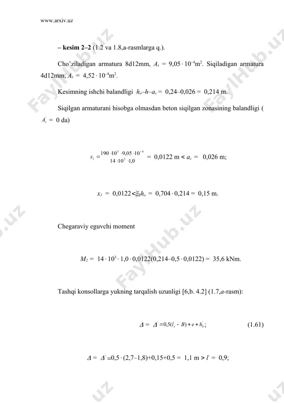 14(103(70(10–4(0,21 = 34,63 knm. (1.69) doimiy yukdan sodir bo’lgan eguvchi moment quyidagi formuladan aniqlanadi [6,b. 4.3] z = 0 va pbt = 0 bo’lganda, (1.70) ruxsat etilgan muvaqqat yuk (1.71) eguvchi moment bo’yicha mustahkamlikka hisoblashdan 3–3 kesimda plita tashqi konsolining sinfi [6,b. 1.4] k = = 5,32. ko’ndalang kuch bo’yicha mustahkamlikka hisoblash 2–2 va 3–3 kesimlarda bajariladi (1.2-rasm): – kesim 2–2. chegaraviy ko’ndalang kuch [6,b. 4.5] q = 0,75rbtbho= 0,75(1,0(103(1,0(0,214 = 160,5 kn. (1.72) doimiy yukdan sodir bo’lgan ko’ndalang kuch [6,b. 4.5] qr = 0,5 = 0,5(1,1(4,3+1,2(13)1,5 = 15,2 kn. (1.73) ruxsat etilgan muvaqqat yuk [6,b. 4.5] (1.74) ko’ndalang kuch bo’yicha mustahkamlikka hisoblashdan 2–2 kesimda plitaning sinfi k = = 12,2; – kesim 3–3. chegaraviy ko’ndalang kuch q = l60,5 kn. doimiy yukdan sodir bo’lgan ko’ndalang kuch qp = np[po+pplk+pt(lt–lk)+n pblbr = 1,1[0,7+8,6(0,9 + + 1,5(1,55–0,9)] + 1,2(10,65(0,9 = 21,8 kn. (1.75) ruxsat etilgan muvaqqat yuk [6,b. 4.5]: embed equation.3 …