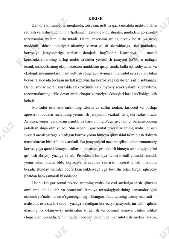 b keladi. shu sababli, gorizontal rezervuarlarning mahsulot osti suvlari orqali yuzaga keladigan korroziyadan himoya qilinishini ta’minlash dolzarb masalalardan biri sifatida qaraladi. bu jarayonlarni nazorat qilish uchun zamonaviy korroziyaga qarshi himoya usullarini, xususan, protektorli himoya texnologiyalarini qo’llash ehtiyoji yuzaga keladi. protektorli himoya tizimi metall yuzasida anodik yemirilishni oldini olib, korroziya jarayonini samarali nazorat qilish imkonini beradi. bunday tizimlar oddiy konstruktsiyaga ega bo’lishi bilan birga, iqtisodiy jihatdan ham samarali hisoblanadi. ushbu ish gorizontal rezervuarlarning mahsulot osti suvlariga ta’sir qiluvchi omillarni tahlil qilish va protektorli himoya texnologiyalarining samaradorligini oshirish yo’nalishlarini o’rganishga bag’ishlangan. tadqiqotning asosiy maqsadi — mahsulot osti suvlari orqali yuzaga keladigan korroziya jarayonlarini tahlil qilish, ularning fizik-kimyoviy mohiyatini o’rganish va optimal himoya usulini ishlab chiqishdan iboratdir. shuningdek, tadqiqot davomida mahsulot osti suvlari tarkibi, korroziyaning rivojlanish sharoitlari va ularni oldini olish uchun texnologik yondashuvlar ko’rib chiqiladi. mazkur ishning ilmiy va amaliy ahamiyati shundaki, u sanoat ob’ektlarida korroziyaning oldini olish va metall rezervuarlarning ekspluatatsion …