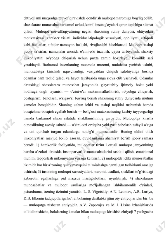 iladi va hayot tajribasida unga rioya etib yashaydi. odamlar o'rtasidagi shaxslararo munosabat jarayonida g'ayritabiiy ijtimoiy holat yoki hodisaga ongli tayanish — o'zini-o'zi mukammallashtirish, ro'yobga chiqarish, boshqarish, baholash, o'zigao'zi buyruq berish shaxsning ruhiy dunyosida muhim kamolot bosqichidir. shuning uchun ichki va tashqi taqlidni tushunish hamda bosqichma-bosqich egallab borish — bo'lg'usi mutaxassisning kasbiy tayyorgarligi hamda barkamol shaxs sifatida shakllanishining garovidir. muloqotga kirisha olmaslikning asosiy sababi — o'zini-o'zi ortiqcha yoki past baholash tufayli o'ziga va uni qurshab turgan odamlarga noto'g'ri munosabatdir. buning oldini olish imkoniyatlari mavjud bo'lib, asosan, quyidagilarga ahamiyat berish ijobiy samara beradi: 1) hamkorlik faoliyatida, muloqotlar tizim i orqali muloqot jarayonining barcha a’zolari o'rtasida insonparvarlik munosabatlarini tashkil qilish, emotsional muhitni taqqoslash imkoniyatini yuzaga keltirish; 2) muloqotda ichki munosabatlar tizimida har bir a’zoning qulay mavqeini ta’minlashga qaratilgan tadbirlarni amalga oshirish; 3) insonning muloqot xususiyatlari, maromi, usullari, shakllari to'g'risidagi axborotni egallashiga oid maxsus mashg'ulotlarni uyushtirish. 4) shaxslararo munosabatlar va muloqot usullariga mo'ljallangan ishbilarmonlik …