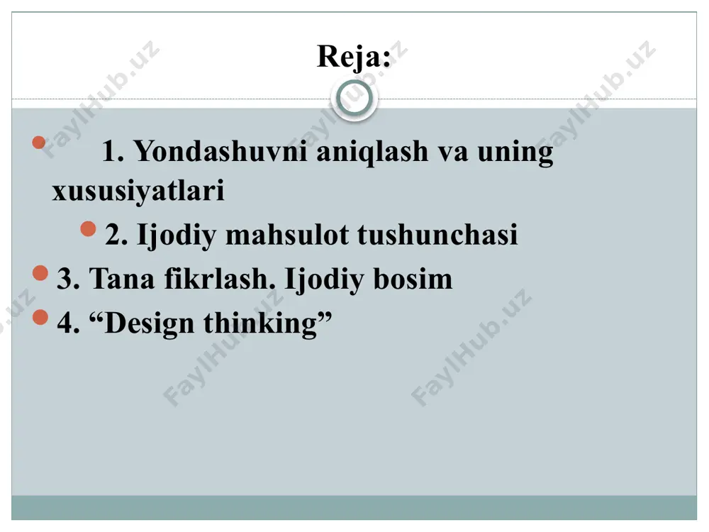 . kreativ mahsulot kreativ mahsulot bu- ijodiy faoliyatdan ma'lum bir sohada hosil bo'lgan g'oya yoki ob'ektdir. kreativlik – bu shaxsning yangi g‘oyalarni yaratishi, tafakkurning an’anaviy sxemasidan chetga chiqib, o‘ziga xos, original qarorlar qabul qilishga qodirligi. mazkur atamaga ilk bora 1922 yilda d.simpson tafakkurning nostandart usuli, deb ta’rif bergan. 13 ijodkor - bu ijodiy o'zini o'zi anglashga intilayotgan shaxs. yangilik yaratadigan odam ijodiy yondashuv - ijodkor bo'lish nimadir haqida ijodiy munosabatda bo'lishni anglatadi ijodiy marketing - bu o'z qarashlarini, e'tiqodlarini o'zgartirish va kerakli reaktsiya va xulq-atvorni rivojlantirish maqsadida maqsadli auditoriya g'oyalarini ishlab chiqish va taklif qilishdir. kreativ mahsulot yaratilishining muhim shartlari yangi g'oyalar qayerdan paydo bo'ladi? ijodiy mahsulotlar inson, jarayon va muhit o’rtasidagi o’zaro ta’sirning natijasidir ijodiy mahsulotlarni belgilaydigan ikkita asosiy xususiyat mavjud: yangilik va foydalilik. kreativ mahsulot xususiyatlari ijodiy mahsulotlarning eng asosiy ikki xususiyati tana fikrlash. ijodiy bosim fikr nima? “men bugun darsga bormoqchi emasman” siz o‘ylayotganingizda tanangizga nima bo‘ladi? …