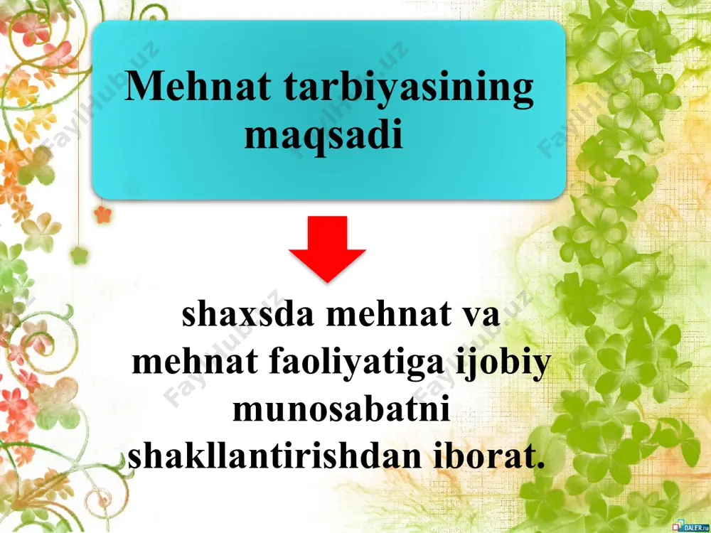 im muassasalarida o‘quvchilar maktabga kelgan dastlabki kunlardanoq o‘zlarining yosh va psixologik xususiyatlariga mos mehnat faoliyatiga jalb qilinadilar. bunda ular o‘z-o‘ziga xizmat qilish borasidagi eng oddiy yumushlarni bajaradilar (chunonchi, sinf xonasi ozodaligini saqlash, o‘quv qurol­larini ta’mirlash, kitoblarni yelimlash, o‘quv anjomlarini darsga tayy­orlash va hokazolar). mehnatga ruhiy, axloqiy va amaliy tayyorlash jarayonida o‘quvchilarda mehnatsevarlik, mehnatni tashkil etish jarayonida intizomga bo‘ysunish, maqsadni amalga oshirish yo‘lida shijoat, qat’iyat ko‘rsatish, axloqiy-irodaviy xususiyatlar tarbiyalanib boradi. texnologiya ta’limi vazifalari haqida gapirilganda, o‘quvchilarda mehnatsevarlik, mas’uliyat, intizomlilik, burch hissi, jamoatchilik hissini tarbiyalashni tilga olmaslik mumkin emas. shu bilan birgalikda mehnat odamlar tirikchiligining moddiy va ma’naviy ta’minotining vositasi, jamiyat taraqqiyotining eng muhim omilidir. o‘quvchilarni barkamol shaxs bo‘lib voyaga yetishida mehnat ta’limining roli ko‘p qirralidir. mehnat o‘quvchilarning bilim olishiga intilishlarini qo‘zg‘atuvchi vositagina emas, balki uning manbayi hamdir. agarda bola har bir qadamda tartiblilikka, aniqlikka rioya qilish lozimligiga ishonch hosil qilmasa, bolalarni mehnatga muhabbat ruhida tarbiyalashda muvaffaqiyatga erishish haqida gapirish qiyin. mehnat …