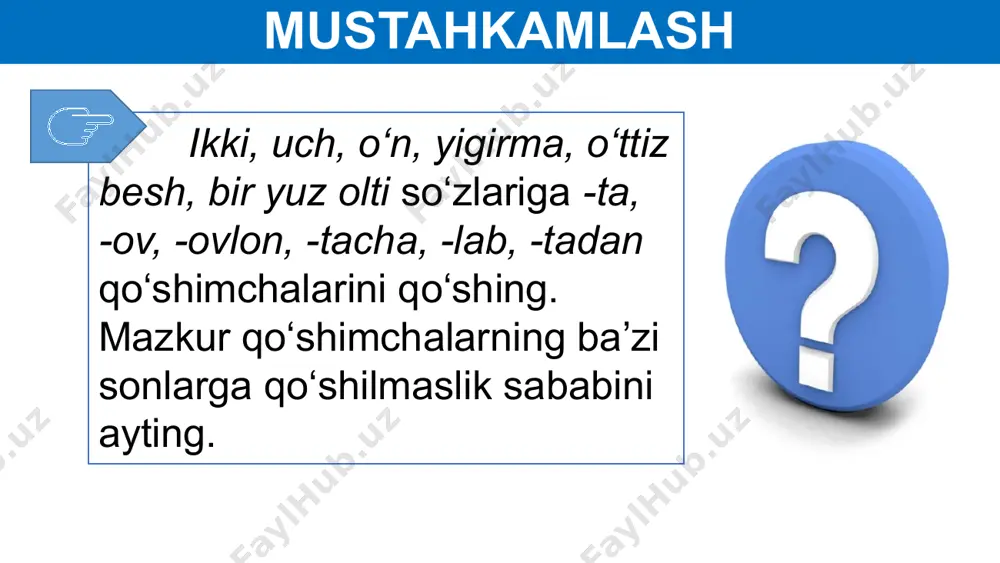 llanishi tuslanish deyiladi. 10 27- mashq alisher navoiyning quyidagi hikmatli so‘zini tinglang. unda qo‘llangan fe’llarga izoh bering. umrni zoye etma, mehnat qil, mehnatni saodatning kaliti bil! zoye etma mehnat qil bil 11 mustaqil bajarish uchun topshiriqlar: 28-mashq. matnni o‘qib, “suv – hayot manbayi” mavzusida hikoya tuzing. matn ichidan fe’llarni topib izohlang. 27- mashq 13 image1.png image2.png image3.png image4.png image5.png image6.jpeg image7.jpeg image8.emf image9.emf image10.png image11.emf image12.emf image13.emf image14.emf image15.emf image16.png image17.png image18.png image19.png image20.png image21.png /docprops/thumbnail.jpeg