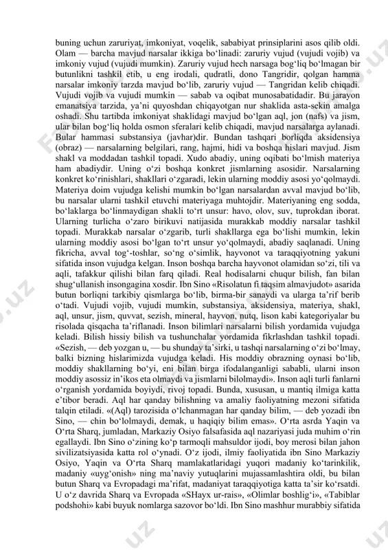 tilida yozilgan. uning bizga ma’lum bo‘lgan katta asari «kitob ush-shifo» («shifo kitobi») 22 jilddan iborat bo‘lib, 4 ta katta bo‘limini mantiq, fizika, matematika, metafizikaga doir masalalar egallagan. uning ayrim qismlari lotin tiliga, evropadagi boshqa tillarga, sharq tillariga, shuningdek, rus, o‘zbek tillariga tarjima qilingan. 20 jilddan iborat bo‘lgan «kitob ul-insof» («insof kitobi») bizgacha etib kelmagan, chunki isfahondagi yong‘inda yo‘qolgan. «kitob un-najot» («najot kitobi») 4 katta qismdan — mantiq, fizika, matematika, metafizikadan iborat, «kitob lison ul-arab» («arab tili kitobi») 10 jildni tashil etadi. «donishnoma» fors tilida yozilgan bo‘lib, 4 qismni — mantiq, fizika, matematika, metafizikani o‘z ichiga oladi. ibn sino asarlari o‘rta asrlarda evropada ilmiy til hisoblangan lotin tiliga, u orqali evropaning boshqa tillariga tarjima etilgan. ibn sino ilmiy risolalardan tashqari, chuqur falsafiy mazmunli badiiy obrazlar va ma’lum voqealar orqali ifoda etuvchi «tayr qissasi», «salomon va ibsol», «hayy ibn yaqzon» kabi falsafiy qissalar yaratgan ibn sino zamonasining etuk shoiri ham bo‘lgan. u …