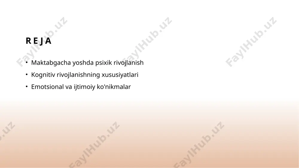 hatlik orqali o'zaro his-tuyg'ularini anglashadi. 3 empatiya - empatiya, bola o'zining va boshqalarni his-tuyg'ularini tushunishi demakdir. bu qobiliyat, bolalar o'rtasidagi munosabatlarni kuchaytiradi va ijtimoiy ko'nikmalarni rivojlantiradi. 4 oilaning roli - oila muhitida bolalar emotsional rivojlanish uchun zarur bo'lgan qo'llab-quvvatlashni oladilar. oila, bola his-tuyg'ularini shakllantirishda muhim rol o'ynaydi. bolalarda ijtimoiy ko'nikmalar va ularning shakllanishi. ijtimoiy ko'nikmalar shakllanish jarayoni oila va atrof-muhit ijtimoiy ko'nikmalar, bolalarning boshqa bolalar bilan muvaffaqiyatli muloqot qilish qobiliyatidir. bu ko'nikmalar do'stlik, hamjihatlik va jamoada ishlashda muhimdir. ijtimoiy ko'nikmalar 3-7 yosh oralig'ida tez rivojlanadi. o'yin va muloqot orqali bolalar o'zaro munosabatlarni o'rganadilar va ijtimoiy qoidalarni tushunadilar. oila va atrof-muhit, bolalarning ijtimoiy ko'nikmalari shakllanishida muhim rol o'ynaydi. ijobiy muhit, bolalarning o'zaro munosabatlarni rivojlantirishiga yordam beradi. maktabgacha yoshda psixik rivojlanishga ta'sir etuvchi omillar. 01 oila ta'siri oila bolaning psixik rivojlanishida muhim rol o'ynaydi. oiladagi muhit, munosabatlar va qo'llab-quvvatlash bolaning hissiy va ijtimoiy ko'nikmalarini shakllanishiga ta'sir qiladi. 02 madaniy ta'sir o'zbek madaniyati …