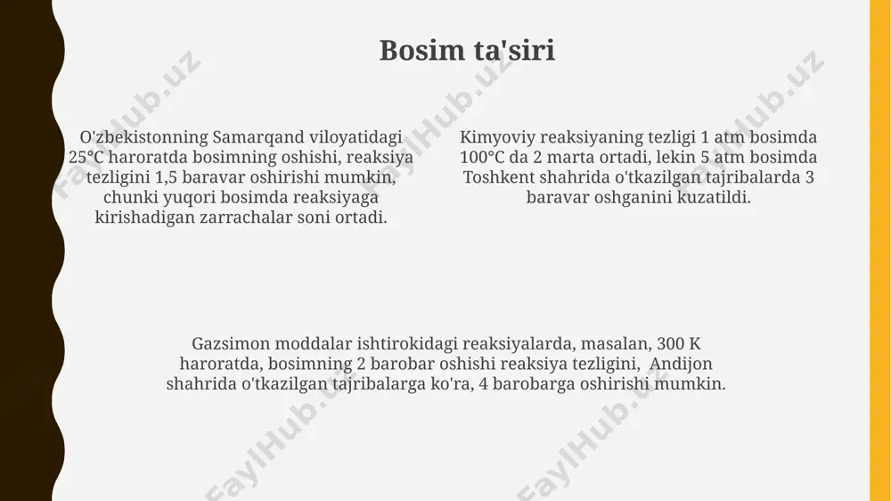 u esa samarqanddagi kimyo zavodlarida ishlab chiqarish jarayonlarini optimallashtirishda muhim ahamiyat kasb etadi. haroratning 10°c ga oshishi, ko'pgina kimyoviy reaksiyalar tezligini 2-4 baravar oshirishi mumkin, bu arrhenius tenglamasida aniq ko'rsatilganidek, masalan, toshkentdagi laboratoriya tajribalarida kuzatildi. kimyoviy reaksiyalar tezligining haroratga bog'liqligi faollashuv energiyasi bilan bevosita bog'liq bo'lib, masalan, 50 kj/mol faollashuv energiyasiga ega reaksiya 25°c da ancha sekin, lekin 100°c da ancha tezroq boradi. aktivlashtirish energiyasi aktivlashtirish energiyasi 20 kj/mol dan kam bo'lganda, reaksiya xona haroratida tez sodir bo'ladi, masalan, ko'pgina kislotalar bilan metallarning reaksiyasi. aktivlashtirish energiyasi yuqori bo'lgan reaksiyalar, masalan, azot (n2) va vodorod (h2) dan ammiak (nh3) hosil bo'lishi, yuqori harorat va bosimni talab qiladi. 1889-yilda svante arrhenius tomonidan taqdim etilgan arrhenius tenglamasi, aktivlashtirish energiyasi va reaksiya tezligi o'rtasidagi bog'liqlikni aniqlaydi. kimyoviy reaksiya tezligi nima? reaksiya tezligi, masalan, 500k temperaturada 1 atm bosim ostida azot va vodoroddan ammiak hosil bo'lish tezligi, katalizator ishlatilganda ancha yuqori bo'ladi, bu esa reaksiya …