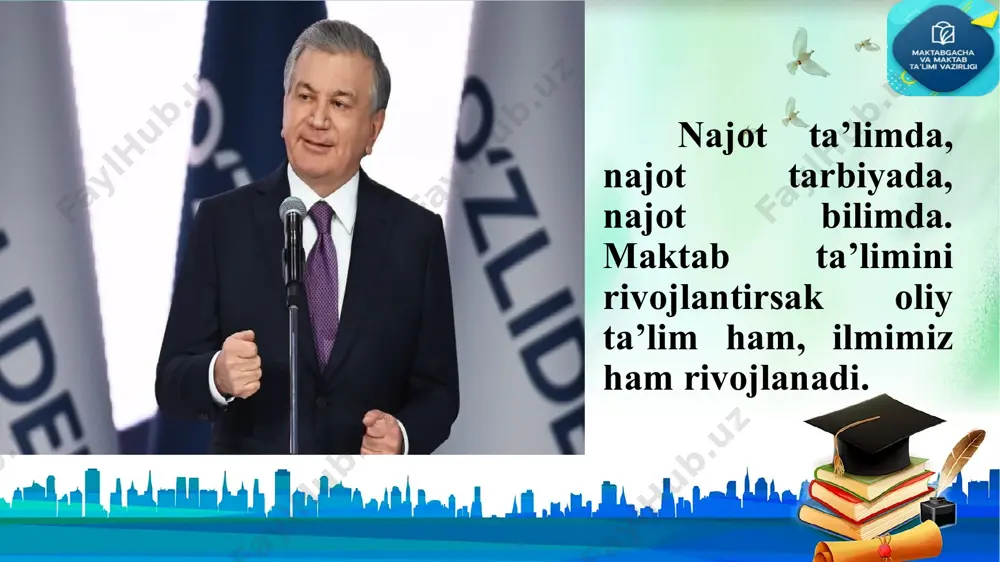 htoj o‘quvchilarga milliy g‘urur, vatanparvarlik, mehr-muruvvat, mas’uliyat, ishbilarmonlik kabi xislatlarni uyg‘otish; b) odob-axloq va ichki tartib qoidalariga muvofiq muomala va kiyinish madaniyatiga qat’iyan amal qilish, jamoada namunali bo‘lish; d) sinf o‘quvchilarining ma’naviy va ma’rifiy tarbiyasini tashkil etishda o‘qituvchilar, psixolog, tegishli davlat va nodavlat tashkilotlari bilan hamkorlikda ishlash. 4 sinf rahbarlarining asosiy vazifalari: sinf rahbarining mahorati: tashqi qiyofa madaniyati: o‘z-o‘zini boshqarish madaniyati: nutq madaniyati: munosabat madaniyati: sinf rahbarining fazilatlari: sinf rahbarining metodlari: bolalarga tarbiyaviy ta’sir etuvchi omillar o‘quvchilarni o‘rganish metodlari o‘quvchilarni tarbiyalashda oqituvchining talablari o‘quvchiga individual munosabatda bo‘lish tarbiyaviy ishlarni to‘g‘ri tashkil etish 5 sinf rahbarlari quyidagi funksiyalarni amalga oshiradi: 6 2. pedagogik va o‘quvchilar jamoasi hamkorligida tarbiyaviy ishlarni tashkil etishda har bir o‘quvchining o‘ziga xos xususiyatlariga qarab yondashishni yo‘lga qo‘yish; 3. ertalabki saflanishlarda sinf o‘quvchilarining belgilangan tartibda to‘liq ishtirok etishlarini ta’minlash; 4. biriktirilgan sinf xonasidagi mavjud jihozlarning saqlanishini va ulardan samarali foydalanishni ta’minlash. sinf rahbarlari o‘z faoliyatini o‘quvchilarning yosh xususiyatlari, …