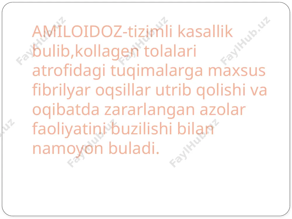 iloidni shaklini belgillaydi.yuqoridagilardan tashqari amiloid tarkibiga lipidlar va ayrim boshqa moddalar ham kiradi. tasnifi aa-ikkilamichi al-birlamchi af-oilaviy as-qariyalarda ae-qalqonsimon bez rakida ah-10 yil va undan ortiq gemodializda bulganlarda ad-kasallikni teri shakli klinikasi aa-amiloidozda --kasallikni boshlangich davrida utib ketuvchi proteinuriya ---siydikda oqsil paydo bulgandan keyin bir necha yil utgach utib ketuvchi,keyin doimiy shishlar. ---ishtaxaning pasayishi,kungil aynishi,vaqti-vaqti bilan qayt qilish,hech qanday infeksiyaga bogliq bulmagan ich ketish. --- jigar va taloq kattalashuvi nihoyat asosiy kasallik davolanmasa nefrotik sindrom rivojlanadi.ushbu davrda upka,qorin bushligda ham suyuqlik yigiladi. al-amiloidoz kilinikasi holsizlik,tez charchash isitmalash,tana vazni kamayishi,teri qichishishi va urtikar toshmalar pereferik nervlar zararlanishi sababli bemorlar butun tanadai karaxtlikga shikoyat qiladi va bu sklerodermiya belgilarni eslatadi. tilni ulchami kattalashadi xatto ogizga signay qoladi,shuning uchun tish izlari qoladi,yara va yoriqlar paydo buladi qabziyat,ich ketishi jigar va taloq kattalashadi unga bogliq xolda sariqlik paydo buladi al—amiloidoz kilinikasi tez rivojlanib boradi va bir yil ichida buyrak yoki yurak yetishmovchiligiga olib keladi. …