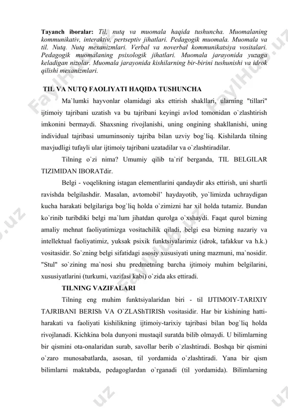 ng hatti-harakati va faoliyati kishilikning ijtimoiy-tarixiy tajribasi bilan bog`liq holda rivojlanadi. kichkina bola dunyoni mustaqil suratda bilib olmaydi. u bilimlarning bir qismini ota-onalaridan surab, savollar berib o`zlashtiradi. boshqa bir qismini o`zaro munosabatlarda, asosan, til yordamida o`zlashtiradi. yana bir qism bilimlarni maktabda, pedagoglardan o`rganadi (til yordamida). bilimlarning anchagina qismini kitoblardan o`qib o`rganadi (yana til yordamida). bu tilning kommunikasiya funktsiyasidir. tilning ikkinchi vazifasi (funktsiyasi) - til interaksiya vositasidir. ma`lumki kishining hatti-harakatlari va faoliyati, ko`pincha, ijtimoiy qimmatga ega bo`lmangan o`zga kishilarning bevosita tajribalari bilan ham belgilanadi. agar biror kishi boshqasiga magazin yoki oshxonaning ishlamayotganligi haqida xabar bersa u o`z hatti-harakatini o`zgartiradi. boshqa magazin yoki oshxonaga borishi mumkin. bu erda til yordamida berilayotgan informatsiya kishining hatti-harakatini boshqarmoqda. bu tilning interaktsiya yoki kishining hatti-harakatini boshqarish vositasi sifatidagi funktsiyasidir. tilning uchinchi vazifasi (funktsiyasi) kishining o`z tajribasi, va ijtimoiy tajriba asosida o`z hatti-harakatlarini boshqarishi bilan bog`liq. odam biror muammoli vaziyatlarda o`z tajribasigagina asoslanib qolmay, boshqa kishilarning tajribalariga, …