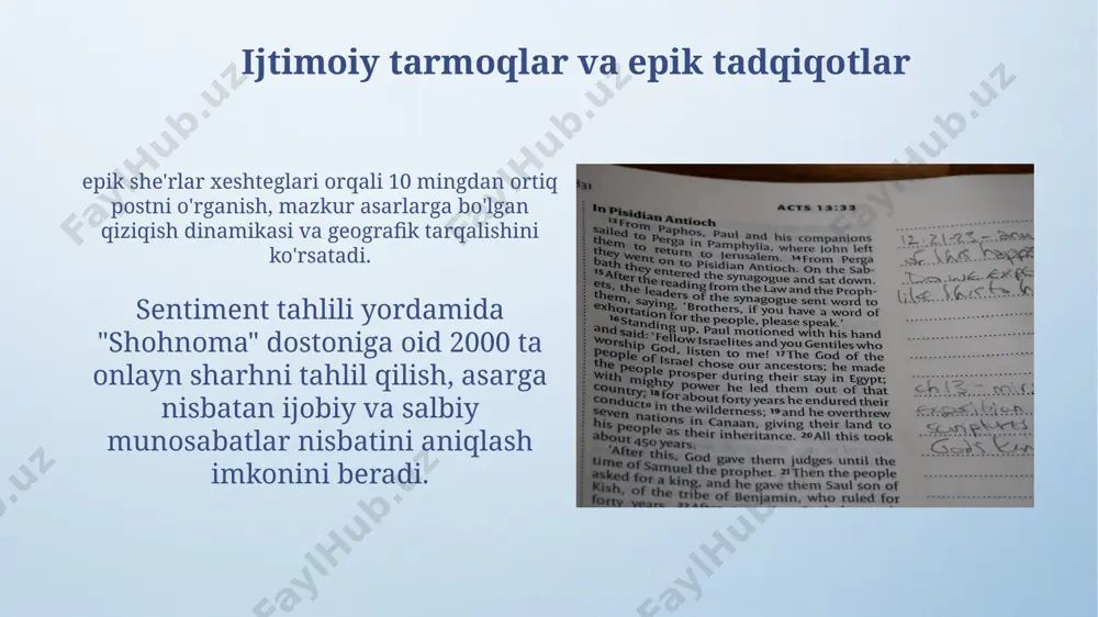 prozodik tahlil qilish orqali, undagi urg'u va pauzalarni aniqlab, she'riy tuzilmaning murakkabligi darajasini (masalan, 70% dan yuqori) aniqlash mumkin. tekstometrik tahlil vositalari epik asarlardagi takrorlanuvchi prozodik elementlar (masalan, 5 ta takrorlanuvchi she'riy figura) sonini hisoblash orqali asarning kompozitsion tuzilmasi haqida qo'shimcha ma'lumot beradi. 3d modellashtirish va vizualizatsiya "beowulf"dagi jang sahnalarini 3d animatsiya qilish, harakatlar kinetikasini tahlil qilish, qahramonlarning qurollari va zirhlari haqida qo'shimcha ma'lumotlar olish imkoniyatini beradi. 3d modellashtirish orqali "shohnoma"dagi qadimiy shaharlarni 1:100 masshtabda vizualizatsiya qilish, binolar me'morchiligi va shahar rejalashtirishining tafsilotlarini aniqlash imkonini beradi. kelajakdagi texnologiyalar va epik tadqiqotlar sun'iy intellekt algoritmlari, matn tahlilining 95% aniqligi bilan, epik qahramonlarning xarakterini, motivlarini va o'zaro munosabatlarini aniqlashga yordam beradi. kelajakdagi kvant kompyuterlari, 1000 dan ortiq o'zgaruvchini bir vaqtning o'zida tahlil qilish imkoniyatini berib, epik matnlarning murakkab tuzilmalarini modellashtirishda inqilob qilishi mumkin. raqamli arxivlar va epik manbalar рақамли архивлардаги эпик матнларнинг 1000 дан ортиқ версиясини таҳлил қилиш орқали уларнинг генезисини ва …
