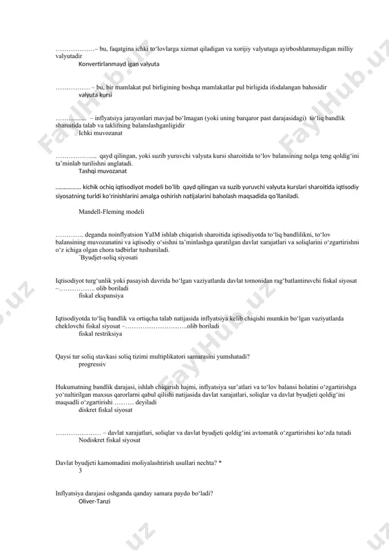 urldi kо‘rinishlarini amalga oshirish natijalarini baholash maqsadida qо‘llaniladi. mandell-fleming modeli …………. deganda noinflyatsion yaim ishlab chiqarish sharoitida iqtisodiyotda tо‘liq bandlilikni, tо‘lov balansining muvozanatini va iqtisodiy о‘sishni ta’minlashga qaratilgan davlat xarajatlari va soliqlarini о‘zgartirishni о‘z ichiga olgan chora tadbirlar tushuniladi. `byudjet-soliq siyosati iqtisodiyot turg‘unlik yoki pasayish davrida bо‘lgan vaziyatlarda davlat tomonidan rag‘batlantiruvchi fiskal siyosat –…………….. olib boriladi fiskal ekspansiya iqtisodiyotda tо‘liq bandlik va ortiqcha talab natijasida inflyatsiya kelib chiqishi mumkin bо‘lgan vaziyatlarda cheklovchi fiskal siyosat –………………………..olib boriladi fiskal restriksiya qaysi tur soliq stavkasi soliq tizimi multiplikatori samarasini yumshatadi? progressiv hukumatning bandlik darajasi, ishlab chiqarish hajmi, inflyatsiya sur’atlari va tо‘lov balansi holatini о‘zgartirishga yо‘naltirilgan maxsus qarorlarni qabul qilishi natijasida davlat xarajatlari, soliqlar va davlat byudjeti qoldig‘ini maqsadli о‘zgartirishi ……… deyiladi diskret fiskal siyosat ………………… – davlat xarajatlari, soliqlar va davlat byudjeti qoldig‘ini avtomatik о‘zgartirishni kо‘zda tutadi nodiskret fiskal siyosat davlat byudjeti kamomadini moliyalashtirish usullari nechta? * 3 inflyatsiya darajasi oshganda qanday samara …