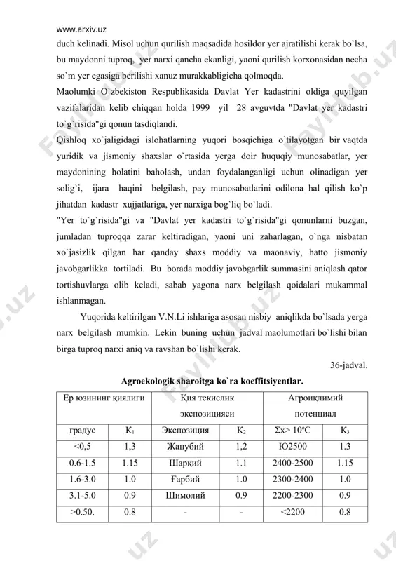 ardan foydalaniladi. 40-jadval. korrektirovkalash koeffitsiyentlari. yog`in miqdor bilan taominlanganlik darajasi umumiy maydonda boshqa don ekinlarining salmog`i, %. yalpi maxsulot qiymatini korrektirov-kalash koeffitsiyenti taominlangan 65 0,65 yarim taominlangan 60 0,60 taominlanmagan 55 0,55 har xil sifatdagi yerlar uchun sof daromad asosidagi hisoblangan daromad meoyori quyidagicha taklif etiladi: a) yog`in miqdori bilan taominlanmagan yerlarda 10 % gacha; b) yarim taominlangan yerlarda 11-20 % gacha; v) taominlangan yerlarda 20-30 % gacha. sug`oriladigan yerlar uchun meoyoriy sof daromad (fmsd). asosida hisoblanadi. lalmikor bir gektar yerning meoyoriy bahosi esa bilan hisoblanadi, zarur bo`lgan hollarda yerning joylashgan o`rniga qarab ilovadagi uzoqlanish koeffitsiyentidan foydalaniladi. yaylovlarning meyoriy bahosi. o`zbekiston yaylovlari quruq xashakka nisbatan (s/ga) hosildorligi va joylashgan o`rniga qarab uch guruhga (kategoriyaga) bo`linadi: 1. hosildorligi 2 s/ga gacha bo`lgan cho`l mintaqalaridagi yaylovlar (i-kategoriya). 2. hosildorligi 2-5 s/ga gacha bo`lgan adirlarda joylashgan yaylovlar (ii-kategoriya). 3. hosildorligi 5 s/ga dan yuqori tog` (tau) mintaqasida joylashgan yaylovlar (iii-kategoriya). 1 yaylov yerlari …