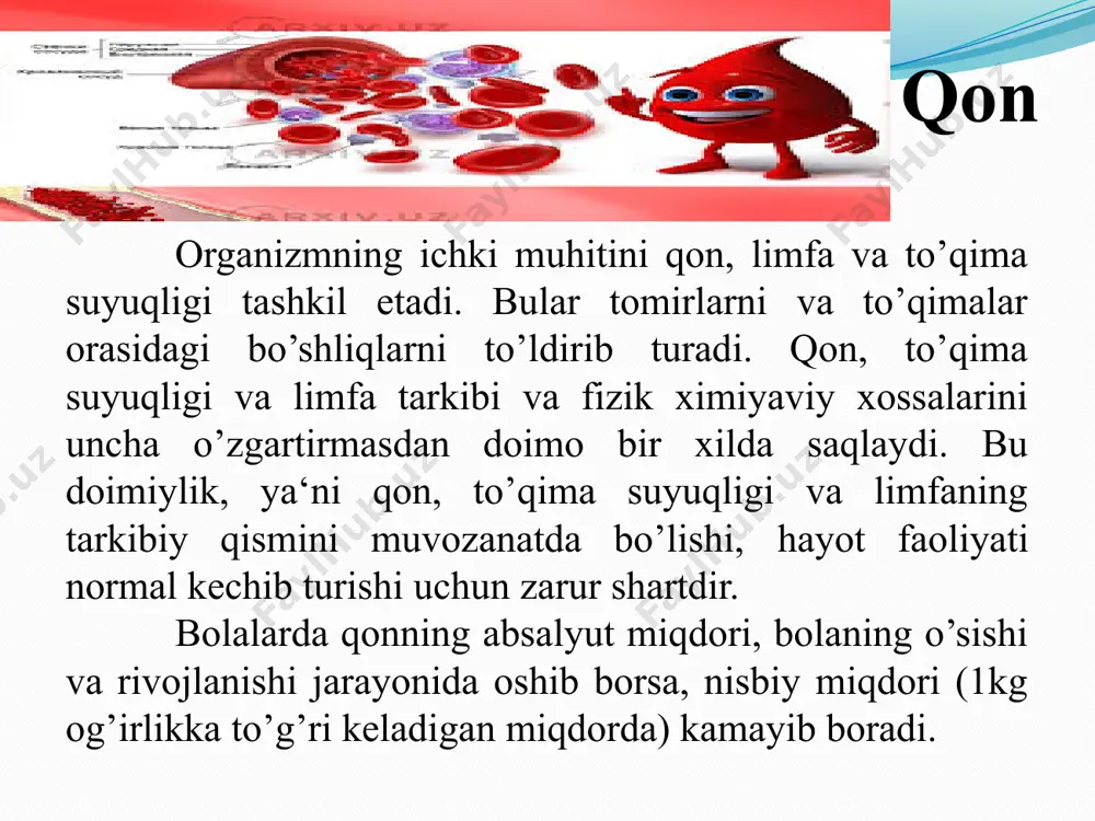 ijasida organlarni bir-biri bilan aloqasini bog’laydi. 5.qon elementlari organizmga tushgan yot va zararli moddalarga, hamda yuqumli mikroblarga qarshi kurash olib boradi. qondagi maxsus oqsil moddalar qonga tushgan mikrob va viruslarni parchalash xususiyatiga ega. 6.qondagi oziq moddalar va boshqa hujayra va to’qimalarning ishlash uchun muvofiq sharoit yaratib beradi. 7.qon temperaturasining turg’unligini saqlashda katta rol o’ynaydi. qon organizmda boshqa fanga ma‘lum bo’lmagan va izlanishda ma‘lum bo’layotgan ko’pgina boshqa vazifalarni bajaradi. organizmdagi qonning hammasi ham qon tomirlarida harakatlanavermasdan, qonning 40-45% organizm tinch holatda qon tomirlarda, qolgan qismi esa qon depolarida (taloq, jigar, teri osti to’qimasida) saqlanadi. depolangan qon zaruriyat bo’lganda: qon yo’qotganda, bo’g’ilganda, tana temperaturasi ko’tarilganda va jismoniy yuklama berilganda qon tomirlarga chiqadi. bola qancha yosh bo’lsa, tana og’irligiga nisbatan shuncha ko’p qon to’g’ri keladi. umumiy tana og’irligiga nisbatan yangi tug’ilgan bolalarda qon 15% ni, katta odamlarda 7% tashkil etadi. o’rtacha katta yoshni (70kg) organizmda 5-6 litr qon bo’ladi. qonning ko’pchilik qismi bolalarda …