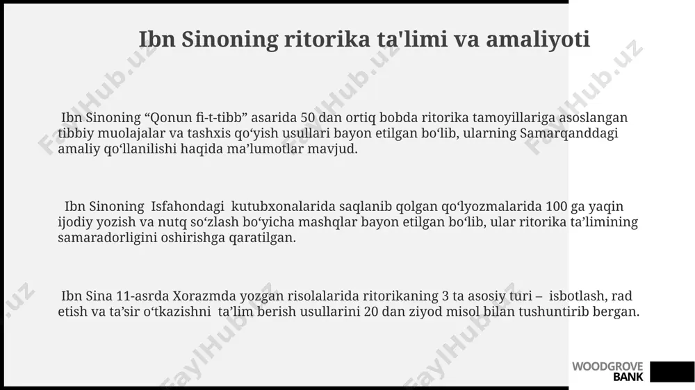 'llash orqali ta'sirchan nutq so'zlashni o'z ichiga oladi, degan fikrda bo'lgan. uning "an-najot" falsafaviy traktatida (11-asr, xorazm) retorika mantiqiy fikrlashni rivojlantirishda, 5 ta asosiy argumentatsiya uslubini ta'kidlagan holda, muhim vosita sifatida ko'rib chiqilgan. woodgrove bank til va fikrning oʻzaro munosabati ibn sinoda ibn sino fikriga ko'ra, 11-asr buxoro shahrida tilning samarali ishlatilishi fikrning aniqligi va chuqurligiga bevosita bog'liq bo'lib, 3 ta asosiy omilni o'z ichiga oladi. ibn sinoning "al-najat" asarida bayon etilgan fikrlarga ko'ra, tilning 2 ta asosiy vazifasi – fikrni ifodalash va boshqalarni ishontirish – samarqand madaniy muhitida muhim ahamiyatga ega edi. "qonun fi tibbi" asarida ibn sino, taxminan 500 yildan ortiq davom etgan tibbiyot bilimlarini umumlashtirib, mantiqiy fikrlashning til orqali ifodalanishiga alohida e'tibor qaratgan. woodgrove bank e'tiboringiz uchun rahmat @taqdimot_robot woodgrove bank