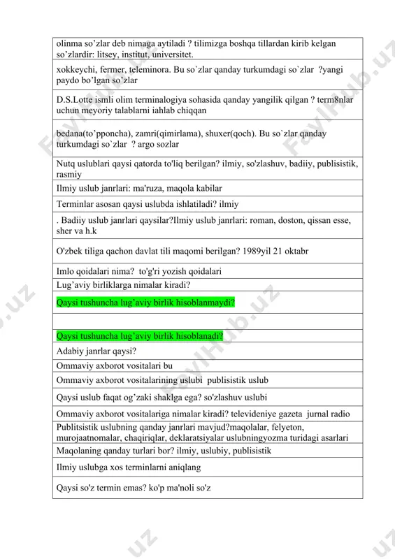 paydo bo’lgan so’zlar d.s.lotte ismli olim terminalogiya sohasida qanday yangilik qilgan ? term8nlar uchun meyoriy talablarni iahlab chiqqan bedana(to’pponcha), zamri(qimirlama), shuxer(qoch). bu so`zlar qanday turkumdagi so`zlar ? argo sozlar nutq uslublari qaysi qatorda to'liq berilgan? ilmiy, so'zlashuv, badiiy, publisistik, rasmiy ilmiy uslub janrlari: ma'ruza, maqola kabilar terminlar asosan qaysi uslubda ishlatiladi? ilmiy . badiiy uslub janrlari qaysilar?ilmiy uslub janrlari: roman, doston, qissan esse, sher va h.k o'zbek tiliga qachon davlat tili maqomi berilgan? 1989yil 21 oktabr imlo qoidalari nima? to'g'ri yozish qoidalari lug’aviy birliklarga nimalar kiradi? qaysi tushuncha lug’aviy birlik hisoblanmaydi? qaysi tushuncha lug’aviy birlik hisoblanadi? adabiy janrlar qaysi? ommaviy axborot vositalari bu ommaviy axborot vositalarining uslubi publisistik uslub qaysi uslub faqat og’zaki shaklga ega? so'zlashuv uslubi ommaviy axborot vositalariga nimalar kiradi? televideniye gazeta jurnal radio publitsistik uslubning qanday janrlari mavjud?maqolalar, felyeton, murojaatnomalar, chaqiriqlar, deklaratsiyalar uslubningyozma turidagi asarlari maqolaning qanday turlari bor? ilmiy, uslubiy, publisistik ilmiy uslubga xos terminlarni aniqlang …