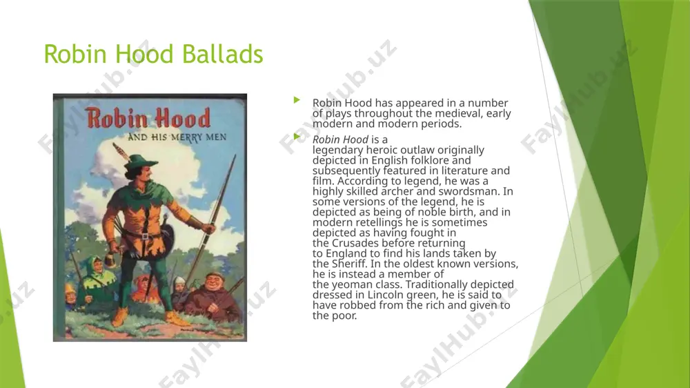 may not be true. legends can change over time as those who retell the story may alter parts of it. icarus conclusion in conclusion, folklore genre can really assist people to know about the history , traditions the way of life about the people who lived in ancient times. particularly, ballads can show how the heroes were brave and fought against injustice society and kings. and i learnt and observed them in the image of robin hood. the folk genre is important part of our literature and life , since without them we may not be aware of the culture in the past. although , most of this genres examples came to our era orally it didn’t lose its’ meaning and role . even a lot of movies are created about the most well known legends, fairy tale , ballads and ect. thanks for your attention image1.jpeg /docprops/thumbnail.jpeg