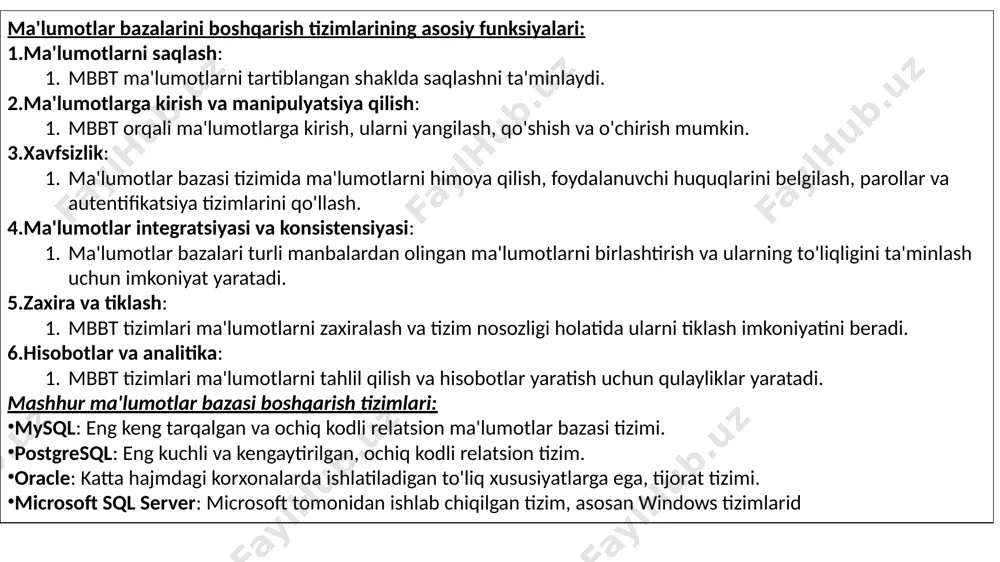 iyat yaratadi. zaxira va tiklash: mbbt tizimlari ma'lumotlarni zaxiralash va tizim nosozligi holatida ularni tiklash imkoniyatini beradi. hisobotlar va analitika: mbbt tizimlari ma'lumotlarni tahlil qilish va hisobotlar yaratish uchun qulayliklar yaratadi. mashhur ma'lumotlar bazasi boshqarish tizimlari: mysql: eng keng tarqalgan va ochiq kodli relatsion ma'lumotlar bazasi tizimi. postgresql: eng kuchli va kengaytirilgan, ochiq kodli relatsion tizim. oracle: katta hajmdagi korxonalarda ishlatiladigan to'liq xususiyatlarga ega, tijorat tizimi. microsoft sql server: microsoft tomonidan ishlab chiqilgan tizim, asosan windows tizimlarid ma'lumotlar bazasi (mb) haqida: ma'lumotlar bazasi — bu ma'lumotlarni to'plab, saqlash va ularga oson kirishni ta'minlaydigan tizimdir. ma'lumotlar bazalari o'zlarining samarali tashkil etilishi bilan ma'lumotlarga tezkor va ishonchli kirish imkoniyatini yaratadi. ma'lumotlar bazalari asosan ikki asosiy komponentdan tashkil topgan: ma'lumotlar: bu bazadagi saqlanadigan o'zgaruvchan yoki statik ma'lumotlar (masalan, foydalanuvchi ma'lumotlari, mahsulotlar haqida ma'lumotlar, buyurtmalar va boshqalar). boshqaruv tizimi: bu tizim ma'lumotlar bilan ishlash uchun kerakli funksiyalarni bajaradi, ya'ni ma'lumotlarni saqlash, qayta ishlash, yangilash …