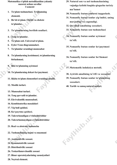 matematika o’qitish metodikasidan yakuniy nazorat uchun savollar — DOCX