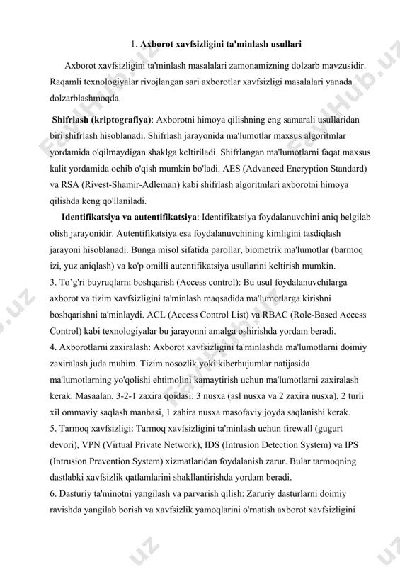 keng tarqalgan usuli hisoblanadi. 2021-yilda microsoft tomonidan e'lon qilingan hisobotga ko'ra, har 10 tadbirkordan biri fishing hujumlariga duch kelgan. 3. ransomware (fidyegarlik dasturlari): bu so'nggi yillarda eng xavfli tahdidlardan biri hisoblanadi. 2021-yil davomida ransomware hujumlari orqali global iqtisodiyotga yetkazilgan zarar 20 milliard aqsh dollaridan oshgan. 2021-yildagi eng katta hujumlardan biri kolonial pipeline kompaniyasiga uyushtirilgan bo'lib, bu hujum natijasida aqsh bo'ylab yirik yoqilg'i ta'minoti to'xtab qoldi. 4. iot qurilmalari tahdidi: iot (internet of things) qurilmalari kiberhujumlarga ko'p duch kelyapti, chunki ularning himoya darajasi pastroq bo'lishi mumkin. 2020-yilda iot qurilmalariga uyushtirilgan hujumlar soni 50% ga oshdi. 5. ddos hujumlari: bulutli texnologiyalar keng tarqalgan sari ddos (distributed denial of service) hujumlarining soni ham o'smoqda. bulutda saqlangan ma'lumotlar va xizmatlar hozirda kiberjinoyatchilar uchun asosiy nishonlardan biridir. bulutli texnologiyalarga uyushtirilgan hujumlar soni 2019-yildan 2020-yilga o'tadigan davrda 20% ga oshganligi qayd etilgan. 6. ma'lumotlarning himoyalanishi: kiberxavfsizlik tahdidlaridan himoya qilish uchun ko'plab tashkilotlar xavfsizlikka katta miqdorda investitsiya …