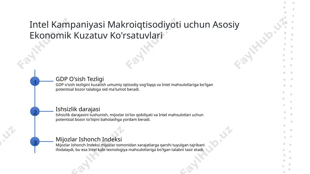 ishi mumkin. ishsizlik darajalari bilan intel kampaniyasining muvaffaqiyati o'rtasidagi munosabat yuqori ishsizlik darajalari mijozlar tomonidan harajatni qisqarishi, intelning sotishlari va daromadining bo'yi bo'yicha ta'sir qilishi mumkin. inflatsiya va ishsizlikning intel kampaniyasiga ta'sirini yumshatish strategiyalari intel xarajatlarni qisqartirish chora-tadbirlarini amalga oshirishi, chegirmalar taklif qilishi va iqtisodiy muammolar orasida bozor raqobatini saqlab qolish uchun innovatsiyaga e'tibor qaratishi mumkin. intel kampaniyasi makroiqtisodiyoti tushunchasi 1 2 3 intel kampaniyasidagi moliyaviy siyosatning tahlili intel kampaniyasidagi pulsiy siyosatning o'zvligi intel kampaniyasidagi moliyaviy va pulsiy siyosatlar orasidagi tanlov intel kampaniyasidagi moliyaviy siyosat, iqtisodiyotni ta'sir qilish uchun soliq va xarajatlarga doir hukumat qarorlari bilan bog'liqdir, masalan, umumiy investitsiyalarni oshirish. intel kampaniyasidagi pulsiy siyosat, markaziy bankning pul miqdorini, foiz darajalarini va inflatsiyani boshqarishga oid harakatlarni o'z ichiga oladi, masalan, foiz darajalarini o'stirish orqali rivojlanishni ta'sir qilish. intel kampaniyasidagi moliyaviy va pulsiy siyosatlar o'rtasidagi samarali tanlov, iqtisodiy barqarorlik va barqaror rivojlanishni amalga oshirish uchun zarurdir, barqaror yondashuvni ta'minlash bilan birga. …