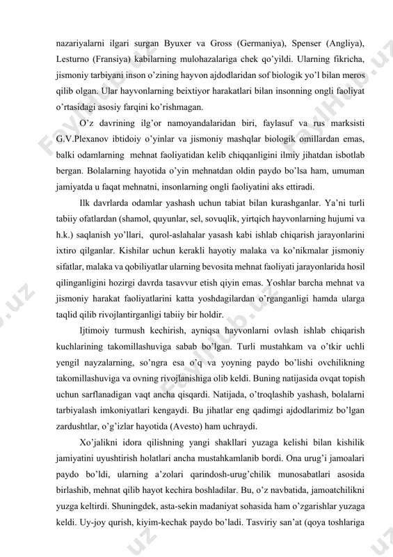 yning paydo bo’lishi ovchilikning takomillashuviga va ovning rivojlanishiga olib keldi. buning natijasida ovqat topish uchun sarflanadigan vaqt ancha qisqardi. natijada, o’troqlashib yashash, bolalarni tarbiyalash imkoniyatlari kengaydi. bu jihatlar eng qadimgi ajdodlarimiz bo’lgan zardushtlar, o’g’izlar hayotida (avesto) ham uchraydi. xo’jalikni idora qilishning yangi shakllari yuzaga kelishi bilan kishilik jamiyatini uyushtirish holatlari ancha mustahkamlanib bordi. ona urug’i jamoalari paydo bo’ldi, ularning a’zolari qarindosh-urug’chilik munosabatlari asosida birlashib, mehnat qilib hayot kechira boshladilar. bu, o’z navbatida, jamoatchilikni yuzga keltirdi. shuningdek, asta-sekin madaniyat sohasida ham o’zgarishlar yuzaga keldi. uy-joy qurish, kiyim-kechak paydo bo’ladi. tasviriy san’at (qoya toshlariga rasm chizish, yog’och va loydan onalar siymosi va turli xil shakllarni yasash) ijod qilindi. jamoada qo’shiq, o’yin va raqslar ijro etildi, bayrmalar vujudga keldi. ana shu davrlarda diniy tasavvurlar paydo bo’ldi (ilohiy kuchlarga ishonish, ularga bo’ysunish, qurbonliklar keltirish kabilar). mehnat bilan bog’liq bo’lgan turli musobaqalar, o’yinlar mustaqil tarbiyaviy ahamiyat kasb etdi va ulardan urug’ jamoasining turli yoshdagi guruhlari …