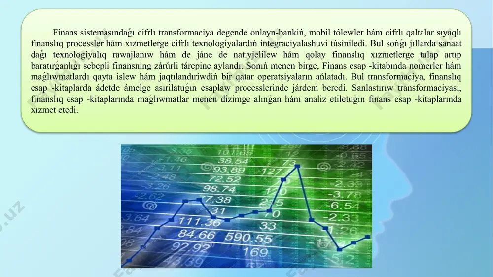 menen birge, finanslıq operatsiyalarda nátiyjelililikti asırıw, ǵárejetlerdi kemeytiw hám qawipsizlikti jaqsılawǵa alıp keldi. cifrlı transformaciya procesin mámleket shólkemleri, kárxanalar, biznes-strukturalarında informaciya texnologiyalardı ápiwayı engiziw dep esaplamasliklari kerek. sonıń menen birge korporativ veb-sayttı, telegram botni, mobil qosımshanı islep shıǵıw hám jumısqa túsiriw jáne social tarmaqlarǵa kirisiw, shólkemler ózlerin cifrlı dep esaplawına múmkinshilik beriwine ıseniw nadurıs. abu rayhon beruniy óz qarawlarında shańaraq tınıshı tikkeley aqıllı, sanalı, túsingish, ádeli áyeller qolında ekenligine bólek áhmiyet qaratǵan. óziniń «minerologiya» shıǵarmasında shańaraq qurıp atırǵan kizlarga ata-ananıń násiyxatların keltirip, shańaraqtaǵı tınıshlıq -tatıwlıq, baxıtlılıq kóprok áyeller moynına túsiwin aytıp otedi. anıǵın alǵanda, cifrlı transformaciya haqqında sóylegende bul jańa texnologiyalarǵa investitsiya kirgiziwdi óz ishine alǵan arnawlı bir shólkem/korxonaning barlıq ámeldegi modelin, yaǵnıy tuwrıdan-tuwrı dúzilisine, rawajlanıw srtategiyasiga, klientler menen islewge, ónimlerdi ilgeri jıljıtıw hám xizmet kórsetiw usılları, hám hátte korporativ mádeniyat sıyaqlı ózgerisler kompleksi ekenligin túsiniw kerek. analiz etıwde sanaat islep shıǵarıw xızmetkerlerin sanı joba hám ótken jıldaǵısı menen salıstırılıp, …