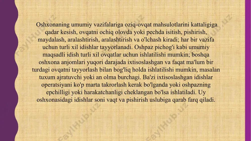 r (ham oshxona, ham ovqat uchun); shisha idishlar, idishlar (ham oshxonada, ham ovqatda) shishadan yasalgan; va hokazo. ushbu oxirgi toifalarga oshxona anjomlari emas, shisha, kumush, loydan va boshqa narsalardan iborat idishlar kiradi. sopol idishlar tez-tez pishirishda paydo bo'ladigan haroratning tez o'zgarishi natijasida idishlar mo'rtlikdan aziyat chekadi va ko'pincha sopol idishlarning sirlanishi qo'rg'oshin, bu zaharli hisoblanadi. tompson, buning natijasida ba'zi mamlakatlarda bunday sirlangan sopol idishlardan foydalanish qonun bilan pazandachilikda, hattoki kislotali ovqatlarni saqlash uchun ishlatishda taqiqlanganligini ta'kidladi.[9] van rensselaer 1919 yilda sopol idishlardagi qo'rg'oshin tarkibidagi sinovlardan biri bu kaltaklangan tuxumni idish-tovoq ichida bir necha daqiqa ushlab turishi va uning rangsizlanib ketishini tekshirib ko'rishni taklif qilganini aytdi, bu qo'rg'oshin mavjud bo'lishi mumkinligidan dalolat beradi. tuproqli va emalli idishlar tuproqli buyumlar, chinni buyumlar va sopol idishlar ham ovqat pishirish, ham xizmat ko'rsatish uchun ishlatilishi mumkin va shu bilan ikkita alohida idishlar to'plamini yuvishdan tejash mumkin. ular bardoshli va (van rensselaerning qaydlari) "sekin, hatto …