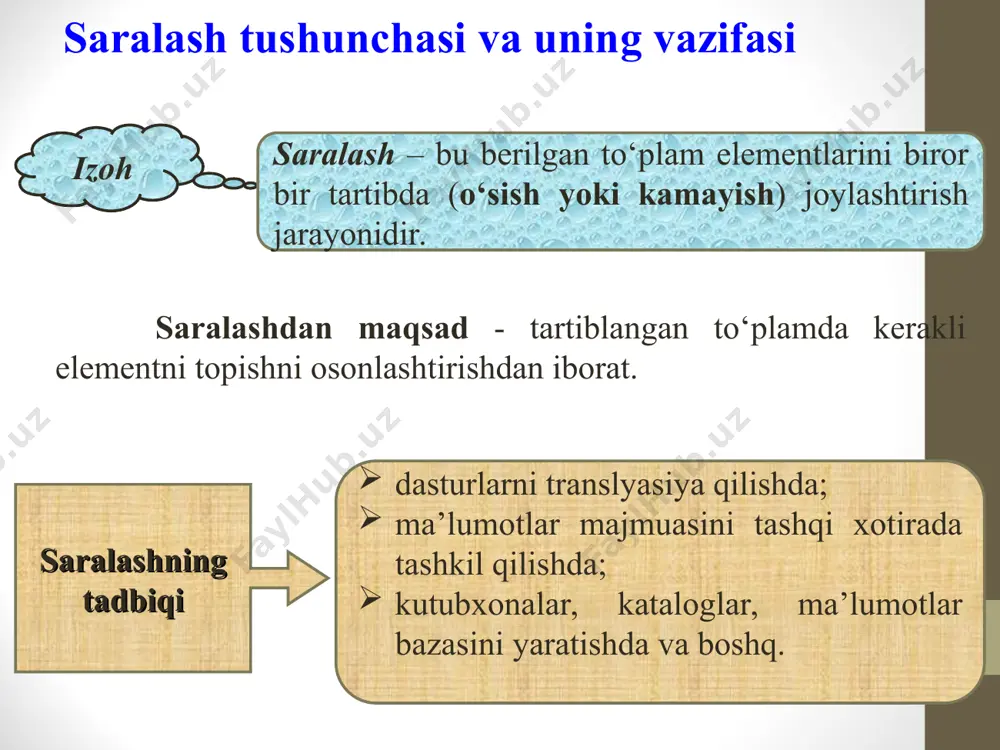 (i=2 dan boshlab) boshlang‘ich ketma-ketlikdan i-chi element ajratib olinib tayyor ketma-ketlikning kerakli joyiga qo‘shiladi. * qo‘yish orqali saralash algoritmi tahlili eng yomon, ya’ni boshlang‘ich ob’ektlar kalit qiymatlari bo‘yicha kamayish tartibida berilgan holat. taqqoslashlar soni: o‘rinlashtirishlar soni: saralashga ketgan vaqt: * qo’yish orqali saralash usuli psevdocodi : for 1=2 to n x=a(i) for j=i-1 downto 1 if x<a(j) then a(j+1)=a(j) else go to l endif next j l : a(j+1)=x next i return tanlash orqali saralash 1. berilgan ob’ektlar ichidan eng kichik kalitga ega element tanlanadi. 2. ushbu element boshlang‘ich ketma-ketlikdagi birinchi element a1 bilan o‘rin almashadi. 3. undan keyin ushbu jarayon qolgan n-1 ta element, n-2 ta element va xokazo, toki bitta eng “katta” element qolguncha davom ettiriladi. misol: - boshlang’ich holat * tanlash orqali saralash algoritmi tahlili eng yomon, ya’ni boshlang‘ich ob’ektlar kalit qiymatlari bo‘yicha kamayish tartibida berilgan holat. taqqoslashlar soni: o‘rinlashtirishlar soni: saralashga ketgan vaqt: * tanlash orqali …
