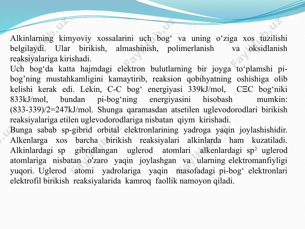 asi. uchbog` tutgan joydan parchalanib, kislotalar hosil qiladi: rccr’ + 3[o]  rcooh + r’cooh. oksidlanish reaksiyalari 5ch3–с≡с–cн2–cн3 + 6kmno4 + 9h2so4 → → 5ch3cooh + 5ch3cн2cooh + 6mnso4 + 3k2so4 + 4h2o. lekin atsetilen oksidlanganda uchbog’ uzilmaydi: 5нс≡сн + 8kmno4 + 12h2so4 → 5hooc–cooh + 8mnso4 + 4k2so4 + 12h2o yumshoq sharoitda, neytral muhitda oksidlanganda ham uchbog’ uzilmaydi hamda turli kislorodli orgnik moddalar hosil bo’ladi: 3ch3–с≡с–cн3 + 4kmno4 + 2h2o → cnh2n-2 + 1,5n-0,5 o2 → nco2 + n-1h­2 atsetilen yonganda juda katta issiqlik ajralib chiqadi: 2hcch + 5о2  4со2 + 2н2о + q. c2h2 – yumshoq sharoitda oksidlanganda dialdegid so`ng dikarbon kislotasini hosil qiladi. yonish reaksiyalari 1. dimerlanishi ( katalizator cucl ): ch≡ch + hc≡ch → ch2=ch–c≡ch. vinilatsetilen 2. polimerlanishi nсн2=сн–с≡сн nсн2=сн–сн=сн2 butadiyen – 1,3 (–сн2–сн=сн–сн2–)n. sintetik kauchuk polimerlanish reaksiyalari 3. trimerlanishi (zelinskiy reaksiyasi 1927-yil): 3с2н2 с6н6, 3сн3–с≡сн . 1,3,5 - trimetilbenzol сн3 сн3 сн3 polimerlanish reaksiyalari …