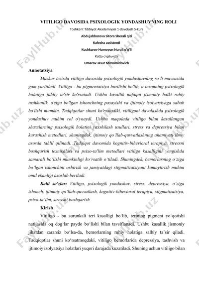 vitiligo davosida psixologik yondashuvning roli — DOCX