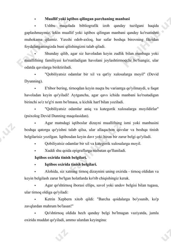 keyin joylashtirilgan bo'lsa, unda siz asl manbada u qanday harf bilan boshlanganiga e'tibor berishingiz kerak. agar kichik harf bilan bo'lsa, unda kotirovka kichik harf bilan yozilgan bo'lsa, matn oldida faqat ellips joylashtirilgan: · a.s.ni tavsiflash. pushkin, i.a. goncharov ta'kidladi: "... uning nutqiga iltifot ko'rsatgan ishoralarda dunyoviy, odobli insonning o'zini tutishi." · agar keltirilgan parcha bosh harf bilan boshlanadigan bo'lsa, unda tirnoqlarning dizayni to'g'ridan-to'g'ri nutqdagi kabi - yo'g'on ichakdan keyin bosh harf bilan amalga oshiriladi. · v. lakshin a.n. haqida yozgan. ostrovskiy: "ushbu pyesalarda ko'p narsa jonli kulgili va og'riqli bo'lib, bizning ruhimizga javob beradi." iqtibosda biron narsani o'zgartirish mumkinmi? · iqtibosda biron narsani o'zgartirish mumkinmi? · iqtiboslarni tuzish nafaqat tinish qoidalariga rioya qilishni, balki tirnoq matniga to'g'ri munosabatni ham talab qiladi. ushbu parchalar berilgan maqola muallifining dastlabki holatidan bir necha og'ishlarga yo'l qo'yiladi: · zamonaviy imlo va tinish belgilaridan foydalanish, agar yozish uslubi va belgilarni tartibga solish muallifning shaxsiy uslubining …