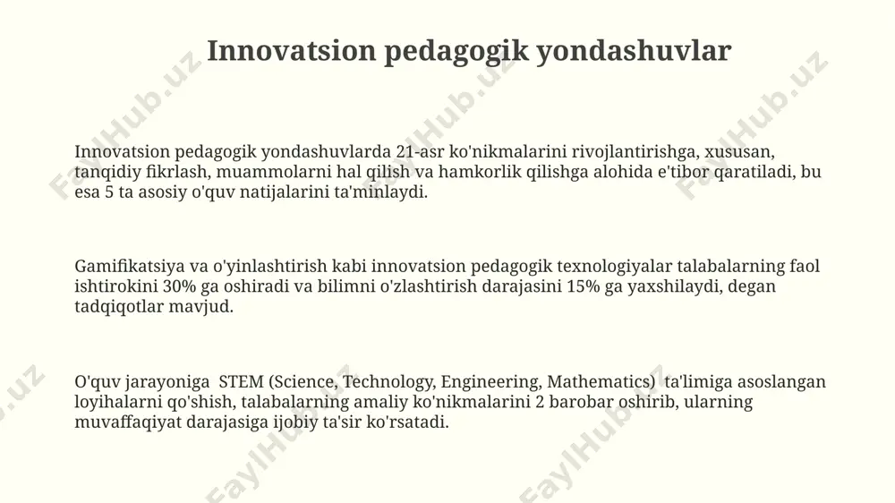 -20 ballga yuqorilatishi kuzatilgan. pedagogik mahoratni rivojlantirishning ahamiyati pedagogik mahoratni rivojlantirish o'qituvchining kamida 20% samaradorligini oshirib, 30% ga yaqin o'quvchilarning bilim olish darajasini yaxshilaydi, bu esa ta'lim sifatining umumiy o'sishini ta'minlaydi. zamonaviy pedagogik texnologiyalarni qo'llash orqali o'qituvchilar o'quv jarayonini 15% ga tezlashtirishi va shu bilan birga o'quvchilarning mustaqil fikrlash qobiliyatini 25% ga rivojlantirishi mumkin. o'qituvchilarning pedagogik kompetensiyasini rivojlantirish natijasida, maktabning o'rtacha o'quv ko'rsatkichlari 10 ballga oshishi va o'quvchilarning motivatsiyasi 15-20% ga o'sishi mumkin. e'tiboringiz uchun rahmat @taqdimot_robot