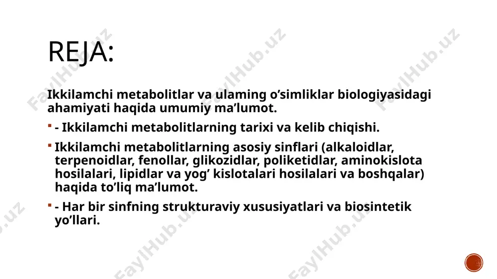 n qimmatli manba bo’lib qolmoqda. masalan, morfin (og‘riq qoldiruvchi xususiyatgaega alkaloid), artemisinin (bezgakni davolashda ishlatiladigan terpenoid) va resveratrol (antioksidant ta’sirga ega fenolik birikma). ikkilamchi metabolitlar har bir birikma yoki sinfga xos bomgan murakkab biokimyoviy yomlar orqali sintezlanadi. bu yo’llar birlamchi metabolizmdan olingan fermentlar, kofaktorlar va prekursor molekulalarini o’z ichiga oladi. ikkilamchi metabolitlaming biosinteziga atrof-muhit omillari, rivojlanish bosqichlari va genetik regulyatsiya ta’sir qilishi mumkin. ikkilamchi metabolitlar turli xil sanoat maqsadlarida qomlaniladi, jumladan, lazzatlar, xushbo‘y moddalar, bo‘yoqlar va tabiiy pestitsidlar ishlab chiqarish. ular, shuningdek, qishloq xo’jaligida ekinlami himoya qilish, zararkunandalarga qarshi kurashish va o’simliklarning ekologik stresslarga chidamliligini oshirish uchun potentsial foydalanishga ega. ikkilamchi metabolitlaming biosintezi, ekologik roli va farmakologik xossalarini tushunish o‘simliklar biologiyasi, biokimyosi va farmakologiyasida faol tadqiqot yo‘nalishi hisoblanadi. analitik texnika, genetik muhandislik va metabolomika sohasidagi yutuqlar turli xil ilovalar uchun ikkilamchi metabolitlami ochish, tavsiflash va manipulyatsiya qilishni osonlashtirdi. image4.png image3.png image5.jpeg image6.jpeg image7.jpeg image8.jpeg image9.jpeg image2.png