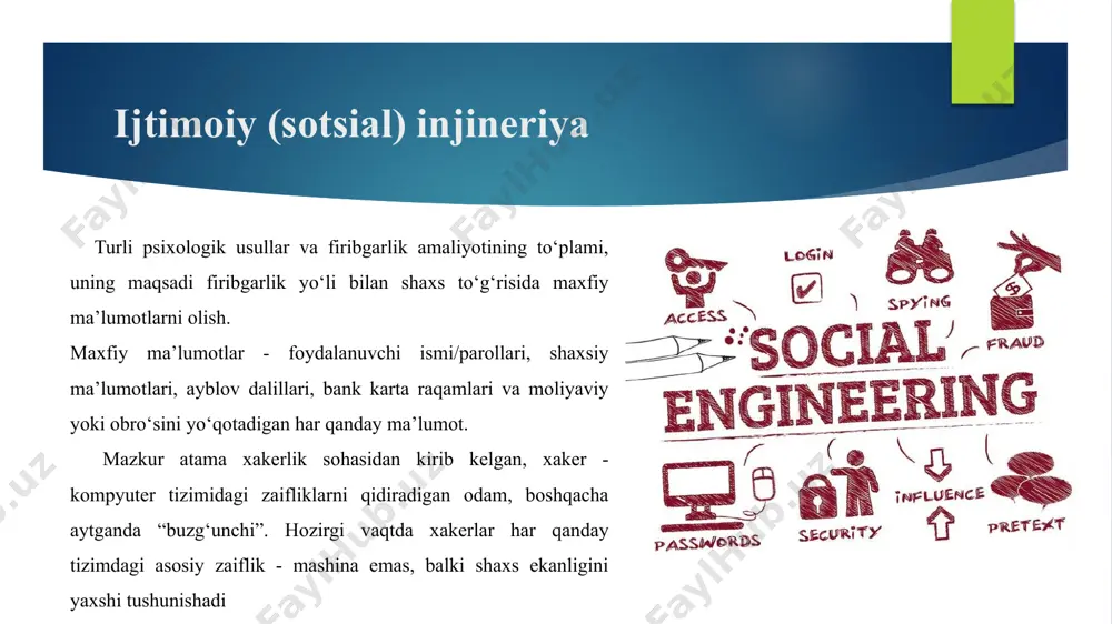 tahdidlar. ko‘pgina xodimlar har kuni korporativ va shaxsiy pochta tizimlaridan o‘nlab, hatto yuzlab elektron pochta xabarlarini qabul qilishadi. har bir habarni harfigacha e’tibor berishning imkoni yo‘q. bu esa hujumlarni amalga oshirishni sezilarli darajada osonlashtiradi. elektron pochta tizimlarining ko‘plab foydalanuvchilari bunday holni bir papkadan ikkinchisiga qog‘ozlarni o‘tkazishning elektron analogi sifatida qabul qilishadi va xabarlarni qabul qilishda xotirjam bo‘lishadi. tajovuzkor pochta orqali oddiy so‘rov yuborganida, uning qurboni ko‘pincha uning xatti-harakatlari haqida o‘ylamasdan ular so‘ragan ishni bajaradi. elektron pochta bilan bog‘liq tahdidlar. xavfsizlik choralarining aksariyati ruxsatsiz foydalanuvchilarning korporativ resurslardan foydalanishini oldini olish uchun ishlab chiqilgan. buzg‘unchi tomonidan yuborilgan giperhavolaga murojaat orqali foydalanuvchining zararli dasturni korporativ tarmoqqa yuklashi ko‘plab himoya turlarini chetlab o‘tishga imkon beradi. giperhavola, shuningdek, ma’lumot yoki yordamni talab qiladigan qalqib chiquvchi ilovalar bilan turli xostlarga murojaatni talab qilishi mumkin. firibgarlikni va zararli hujumlarni oldini olishning eng samarali usuli - kutilmagan foydalanuvchining elektron xabarlarini tekshirish zarur tezkor xabarlardan foydalanishga asoslangan tahdidlar. tezkor …
