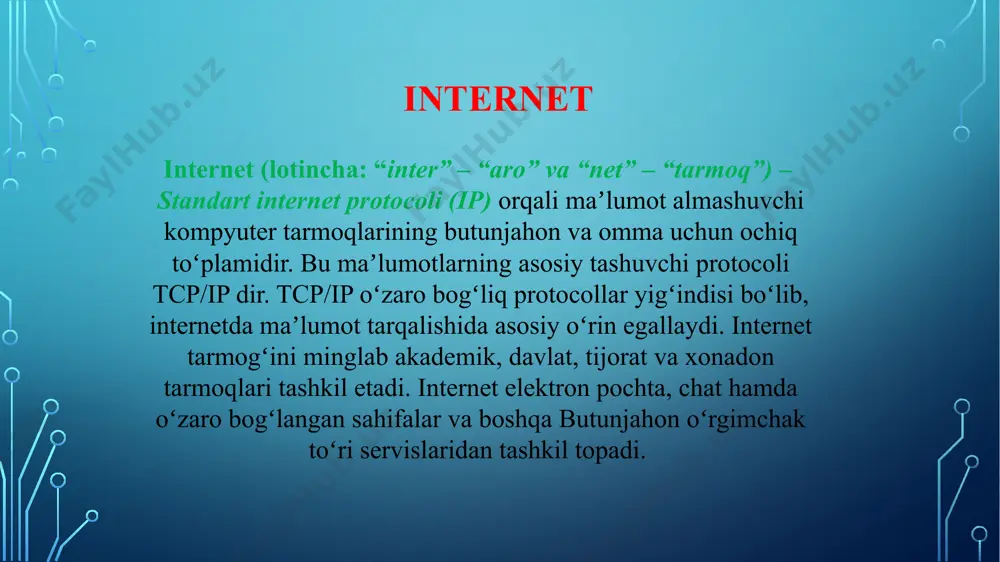ishlaydi. loyihaga world wide web (“xalqaro o‘rgimchak to‘ri”) nomi berildi. 2 yil davomida tim berners-li ushbu loyiha ustida ko‘p ishladi. shu vaqt ichida u veb-sahifalarni yaratish uchun html tilini, sahifa manzillarini url-manzillar sifatida o‘rnatish usulini, http protocoli va birinchi brauzerni ishlab chiqdi. ilk elektron xabar dunyodagi eng birinchi sayt 1991-yilning 6-avgustida paydo bo‘lgan, u tom berners-li tomonidan ishlab chiqilgan. sayt axborot matnli veb-sahifa ko‘rinishida bo‘lib, unda grafiklar bo‘lmagan. internet rivojanishining dastlabki bosqichida asosan, aqsh mudofaa departamenti mablagʻ bilan taʼminlagan. 70-yillar oxiriga kelib esa, asosan, uch taʼminlash manbai ajralib turadi: xukumat, un-tlar va tadqiqot laboratoriyalari (shu jumladan mustaqillari ham). 80-yillarda internet oʻziga hos tarzda universal rivojlana boshladi. oʻsha davrda internet vositasida uzatiladigan informatsiyaning oʻsishi “oyiga 20% dan koʻpaytirib borish” shiori ostida boradi. mac, aqsh ning asosiy tarmogʻi bir sekundda 165 mln. bayt informatsiyani qayta ishlaydi va uzatadi. bu surʼat bir sekundda “britaniya ensiklopediyasi”ni uzatish uchun yetarli. 80-yillar oʻrtalarida internetni jamoat va …