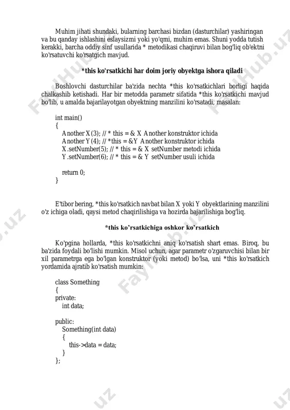 asalan, ma'lumotlarni cout bilan qismlarga ajratganimizda: cout int main() { mathem operation; operation.add(7); // возвращает void operation.sub(5); // возвращает void operation.multiply(3); // возвращает void std::cout int main() { mathem operation; operation.add(7).sub(5).multiply(3); cout class a { public: a() { std::cout using namespace std; class point { public: point(int xl=0, int yl=0) { x = xl; y=yl; } int getx() const {return x;} int gety() const {return y;} private: int x; int y; }; class rectangle { public: rectangle(int xl, int yl, int x2, int y2): p1(xl, yl), p2(x2, y2) { a=x2-xl; b=y2-yl; }; rectangle(point a1, point a2):p1(a1), p2(a2) { a=a2.getx()-a1.getx(); b=a2.gety()-a1.gety(); }; int per() {return 2*(a + b);} int sq() {return a*b;} private: point p1, p2; int a, b; }; int main() { rectangle x(10, 20, 50, 80); cout using namespace std; class fpoint { public: //nuqta sinfi class point { public: point(int x1 =0, int y1 =0) { x = …