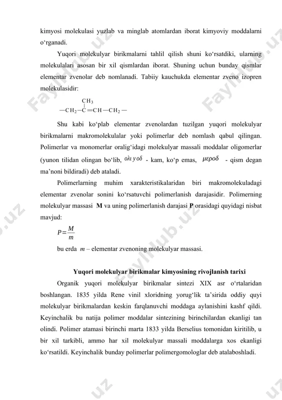 r (oligomerlar) deb qarashlar mavjud edi. oddiy quyi molekulyar birikmalardan farq qiladigan bu moddalar fizikaviy-mexanik xossalarining o‘ziga xosligi assotsilanish hodisasi bilan tushuntirilar edi. mark, meyer va boshqalar polimerlar kimyosi fanining rivojlanishida katta rol o‘ynagan kolloid (mitsellyar) nazariyani olg‘a surdilar. bu nuqtai nazar nemis olimi shtaudinger tomonidan keskin tanqidiy kutib olindi. u polimerlarga ipsimon makromolekulyar strukturali yangi yuqori molekulyar birikmali moddalar sinfi deb qarashni taklif qildi. ko‘p o‘tmay shtaudingerning makromolekulyar nazariyasi polimerlar eritmasiga kolloid eritmalarni tadqiq qilish usullarini qo‘llagan g.shulsning ishlari bilan tasdiqlandi. shuls o‘zi yaratgan osmometr yordamida osmotik bosim qiymati bo‘yicha polimerning molekulyar massasini, keyinchalik esa fraksiyalash usulini qo‘llab uning polidisperslik darajasini aniqlash mumkinligini ko‘rsatdi. zamonaviy makromolekulyar tuzilish nazariyasi asosida quyidagilar yotadi: 1. polimer birikmalar makromolekulalar majmuasidan iborat bo‘lib, ular tuzilishi va zvenolar tarkibi bilan bir-biridan farq qiladi. 2. makromolekulaning asosiy zanjirini tashkil etgan atomlar makromolekulaning konformatsion o‘zgarishlariga olib keluvchi kovalent bog‘lar atrofida to‘xtovsiz tebranma harakat qiladi. 3. polimerning xossalari …