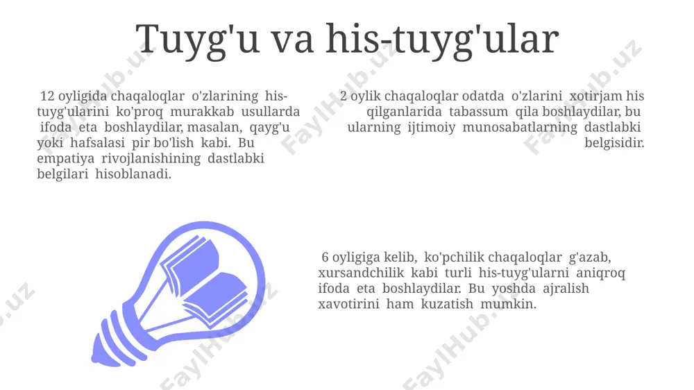 adi, chaqaloqlar qo'llarini bir-biriga uradi, o'yinchoqlarni ushlaydi va og'ziga soladi, bu nozik vosita mahoratining rivojlanishini ko'rsatadi. yurishga harakat qilish odatda 9-12 oyliklarda boshlanadi. bolalar avval mebelga yordam berib, so'ngra mustaqil ravishda yura boshlaydi, bu muhim postural nazoratni bildiradi. aloqa o'rnatish 1 yoshga kelib, ko'pgina chaqaloqlar oddiy so'zlarni tushunib, sodda so'zlar bilan o'z ehtiyojlarini ifodalay boshlaydi, bu til rivojlanishi bilan bog'liq aloqa o'rnatishning muhim bosqichidir. 4-6 oyliklarda chaqaloqlar tanish yuzlarni tanib, ularga tabassum qila boshlaydi va faol ravishda aloqa o'rnatishga harakat qiladi, bu birikma shakllanishining boshlanishini bildiradi. bolalar 2 oyligida kattalar bilan ko'z aloqasini 2-3 soniya ushlab turishi mumkin, bu ijtimoiy-emotsional rivojlanishning muhim ko'rsatkichidir. til rivojlanishi 1 yoshga kelib, ko'pchilik go'daklar mustaqil yura boshlaydi va oddiy so'zlarni tushunadi, bu esa kognitiv va til rivojlanishining muhim bosqichlarini ko'rsatadi. go'daklar 2 oyligida boshni o'z-o'zidan ushlab tura oladi va ovozga reaksiya qilib, boshini o'giradi, bu motor rivojlanishining muhim ko'rsatkichi hisoblanadi. 4-6 oylik go'daklar o'tirishga …