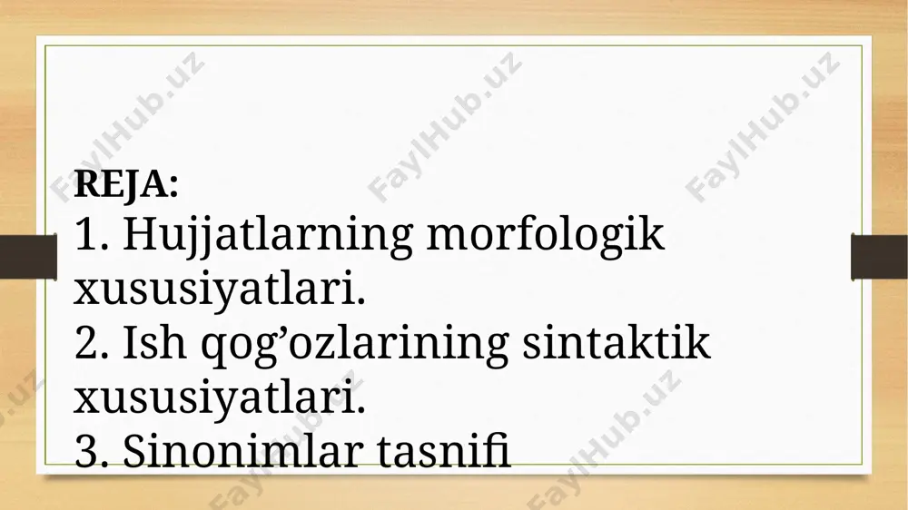 asmiy diplomatik munosabatlarida namoyon bo‘ladigan ko‘rinishidir. qonun matnlari, farmonlar, farmoyishlar, buyruqlar, xullas barcha rasmiy ish qog‘ozlari ana shu uslubda shakllanadi. bu uslubning og‘zaki va yozma ko‘rinishlari, binobarin, ushbu ko‘rinishlarning o‘z me’yorlari mavjud. jumladan, aniqlik. ushbu uslubda shakllangan matnda noaniqlikka, izohtalab o‘rinlarga yo‘l qo‘yilmasligi lozim. fikr va mazmun sodda, aniq va tushunarli tilda bayon qilinishi kerak: o‘zbekiston respublikasida davlat hokimiyati xalq manfaatlarini ko‘zlab va o‘zbekiston respublikasi konstitusiyasi hamda uning asosida qabul qilingan qonunlar vakolat beradigan idoralar tomonidangina amalga oshiriladi. (o‘zr konstitusiyasi, 7 - modda). qolip. fikr – mulohaza, bayon asosan bir qolipda ifodalanadi. solishtiramiz: o‘zbek milliy madaniyati rivojiga ulkan hissa qo‘shgan marhum adabiyot va san’at namoyandalarini mukofotlash to‘g‘risida. betakror iste’dodi va o‘lmas ijodiy merosi bilan o‘zbek milliy madaniyatining rivojiga beqiyos hissa qo‘shgan, butun hayotini el-yurt taraqqiyoti, xalqimiz ma’naviyatining yuksalishiga baxsh etgan vatandoshlarimizning xotirasini yod etib, ularni vatan oldidagi unutilmas xizmatlarini inobatga olib, quyidagi marhum adib va san’atkorlar «buyuk xizmatlari uchun» ordeni …