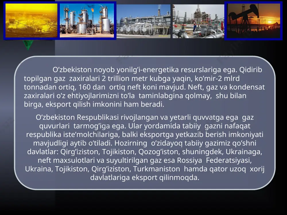 boriladi. masalan, buyuk britaniyaning "unix techno plus ltd" kompaniyasi bilan shartnoma tuzilib, dunyoning yetakchi "uop" va "honeywell" kompaniyalari bilan hamkorlikda qurilmalarni audit qilish, dastlabki iqtisodiy-texnik asoslarni yaratish bo`yicha qator ishlar amalga oshirilmoqda. bundan maqsad mahsulot sifatini "evro-4,5" darajasiga olib chiqish, qolaversa, ikkinchi bosqichda mahsulot qayta ishlanish darajasini 95 foizga yetkazishdir. zavod ma’muriyatining tuman hududiy rivojlanishiga qo`shayotgan hissasini ham alohida ta’kidlash joiz. jumladan, "bo`zachi" qfy hududida naslli qoramolga mo`ljallangan chorvachilik majmuasi barpo etilib, ukrainadan 1018 bosh naslli qoramol olib kelindi. bu yerda hozir 135 nafar ishchi-mutaxassis mehnat qilmoqda. zavod ishlab chiqarish sexlarida ayni kunda 3300 nafar ishchi xodim faoliyat olib borayotgan bo`lsa, 2006-2013 yillar davomida 654 ta kasanachilik asosida ish o`rinlari yaratilgani diqqatga molik. 10 gektar maydonda loyiha-smeta qiymati 21 milliard so`mga teng zamonaviy issiqxona barpo etishga kirishilgan edi. issiqxonaning 5 gektari to`liq ishga tushirildi, qolgan qismida qurilish-montaj ishlari olib borilmoqda. zavodimiz tomonidan keyingi o`n yil mobaynida neftchilar shaharchasida aholi yashash …