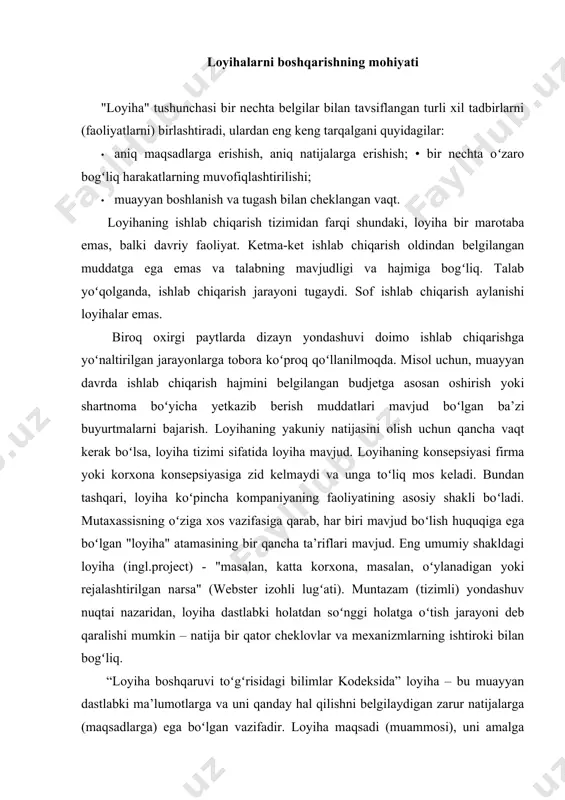 qaruvi toʻgʻrisidagi bilimlar kodeksida” loyiha – bu muayyan dastlabki ma’lumotlarga va uni qanday hal qilishni belgilaydigan zarur natijalarga (maqsadlarga) ega boʻlgan vazifadir. loyiha maqsadi (muammosi), uni amalga oshirish vositasi (muammoni hal qilish) va amalga oshirish jarayonida olingan natijalarni oʻz ichiga oladi. investitsiya loyihasi rejalashtirilgan natijani olish va belgilangan muddatlarda muayyan maqsadlarga erishish uchun intellektual, moliyaviy, moddiy, insoniy, shu jumladan, ma’lum miqdorda resurslarni investitsiyalashni oʻz ichiga olgan investitsion (sarmoyaviy) harakatlar sifatida tushuniladi. investitsiya loyihasining moliyaviy natijasi koʻpincha foyda / daromad hisoblanadi, aniq (moddiy-ashyoviy) natijalar - yangi yoki rekonstruksiya qilinadigan asosiy vositalar (ob’yektlar) yoki moliyaviy vositalarni yoki moddiy boʻlmagan aktivlarni keyinchalik daromad keltiradigan tarzda sotib olish va ulardan foydalanish. ayrim jismoniy ob’yektlar (binolar, inshootlar, ishlab chiqarish komplekslari) loyiha natijalari sifatida faoliyat olib boradigan boʻlsa, loyiha ta’rifi quyidagicha ifodalanishi mumkin: loyiha– bu maqsadli, oldindan ishlangan va rejalashtirilayotgan jismoniy ob’yektlarni ishlab chiqarish yoki modernizatsiya qilish, texnologik jarayonlarni, ular uchun tashkiliy hujjat, moddiy, moliyaviy, mehnat …