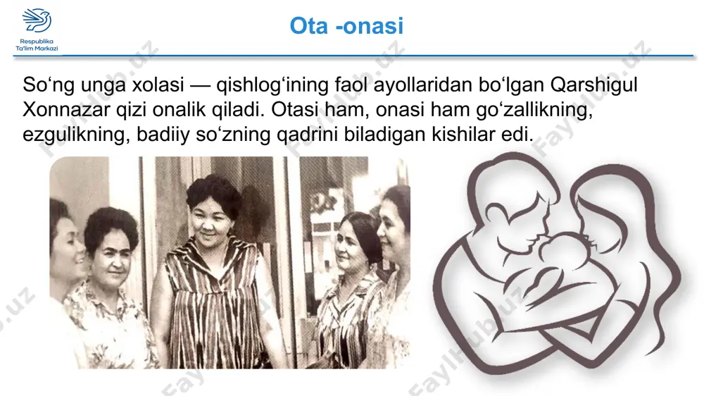ida yurolmasa... lolazor… zora, bu fojiali tunni yostiqni tishlab yotib bo‘lsa-da, o‘z xobgohida o‘tkazolsa... tongda uyg‘onib hovliga chiqqanlar o‘z uyida behush yotgan ayolni va ayol oyog‘idan oqqan qondan qip-qizil lolazorga aylangan hovli yuzini ko‘radilar… so‘nggi manzil o‘zbek xalq shoirasi halima xudoyberdiyeva 2018- yilning 17- avgustida toshkent shahrida vafot etdi. mustaqil bajarish uchun topshiriq halima xudoyberdiyeva hayoti va ijodiga doir testlar tuzing. shoira shaxsiyati haqida o‘z fikrlaringizdan iborat matn tuzing. e’tiboringiz uchun rahmat image11.png image12.png image13.tmp image14.png image15.tmp image16.png image17.png image18.tmp image19.png image20.png image21.png image22.tmp image23.tmp image24.tmp image25.tmp image26.png image27.tmp image28.png image29.png image30.png image31.tmp image32.png image33.png image34.png image35.png image36.png image37.gif image38.tmp image39.tmp image40.tmp image41.tmp image42.tmp image43.gif /docprops/thumbnail.jpeg