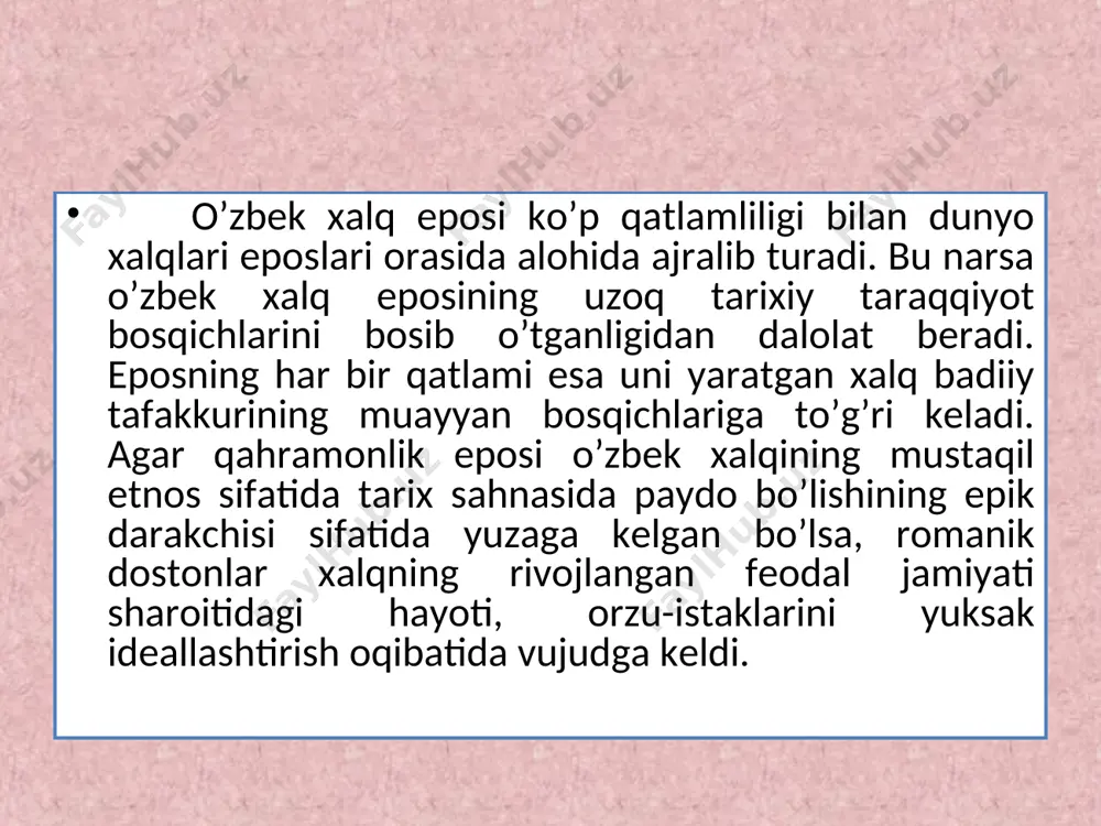 ayyan davrlari emas, balki uning sof sevgi, do’stlik va birodarlik, mardlik va jarosat, vatanparvarlik va sadoqat haqidagi abadiy orzu-havaslari, intilish va istaklari umuman keng tarixiy davrlar doirasida aks etadi. qahramonlik dostonlari esa xalqning mustaqil etnos sifatida shakllanishi davrlarida, tarixiy dostonlar esa u yoki bu tarixiy shaxslar, voqealar tasviriga asoslanganligi bilan romanik dostonlardan farqlanadilar. mana shunga asoslanib aytadigan bo’lsak, o’zbek romanik dostonlarining yaratilish va keng ijro etilish, demakki, xalq epik an’anasidan mustahkam o’rin egallash davri xvi-xx asrning boshlari deb taxmin qilish mumkin. kitobiy dostonlar kitobiy dostonlar — yozma adabiyot ta’sirida yaratilgan xalq og’zaki poetik asarlari turi. kitobiy dostonlarda o’ziga asos bo’lgan manbaga ko’ra, romaniq yoki qahramonlik dostonlariga xos xususi-yat saqlangan bo’lishi mumkin. unda dostonlarga xos bo’lgan jangovarlik xususiyati kamroq bo’lsada, oila va jamiyat ziddiyatlari bilan kelisha olmagan muhabbat mavzui asosiy o’rinni egallaydi. masalan, «farhod va shirin», «layli va majnun», «baxrom va gulandom» dostonlarining xalq variantlari navoiy asarlari asosida, «vomiq va uzro» …