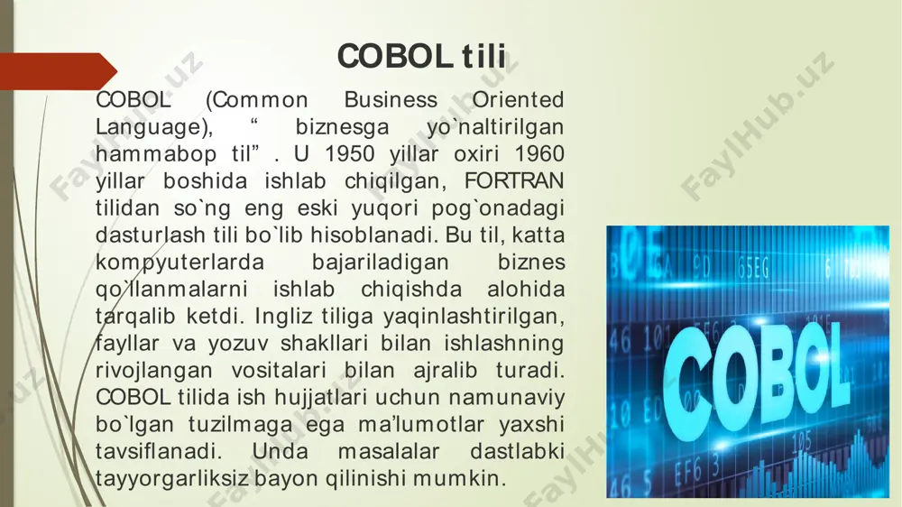 axborot tizimlari yaratishni ta’minlab, operatsion tizimlarga nisbatan yuqori darajali mustaqilligi bilan tavsiflanadi. til ma’lumotlarga haqiqiy vaqt maromida paralell ishlov berish vositalarini quvvatlaydi. ada tili analitik dvigatel – birinchi mexanik kompyuter uchun dasturlar ishlab chiqishda ishtirok etgan, dunyodagi eng birinchi dasturchi deb hisoblanadigan avgust ada lavleys (1815-52) sharofati bilan shunday nom olgan. ada tili image1.jpeg image2.jpeg image3.jpg image4.jpg /docprops/thumbnail.jpeg